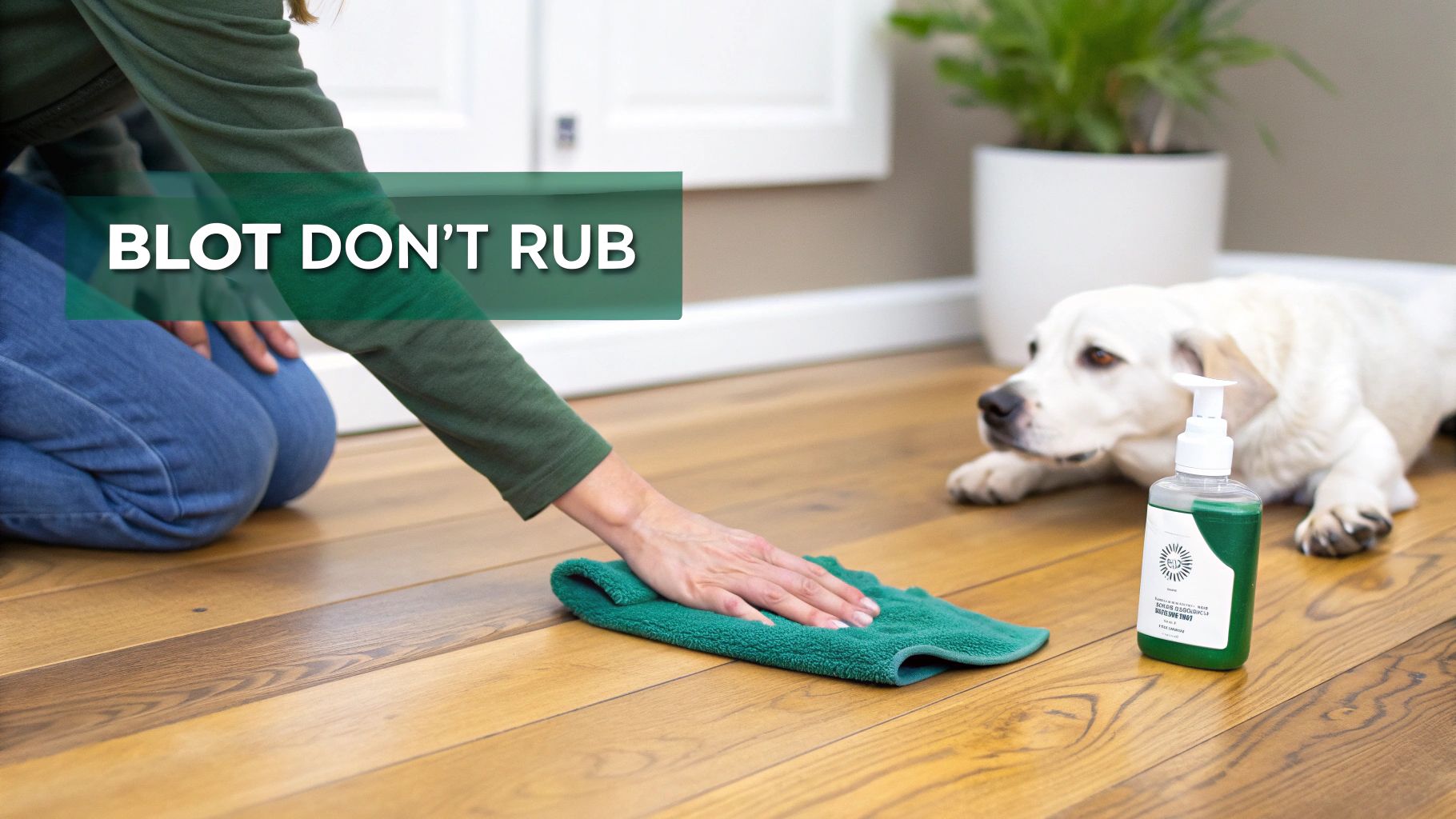 A person blots a spill on a hardwood floor with a green cloth, with a dog nearby.