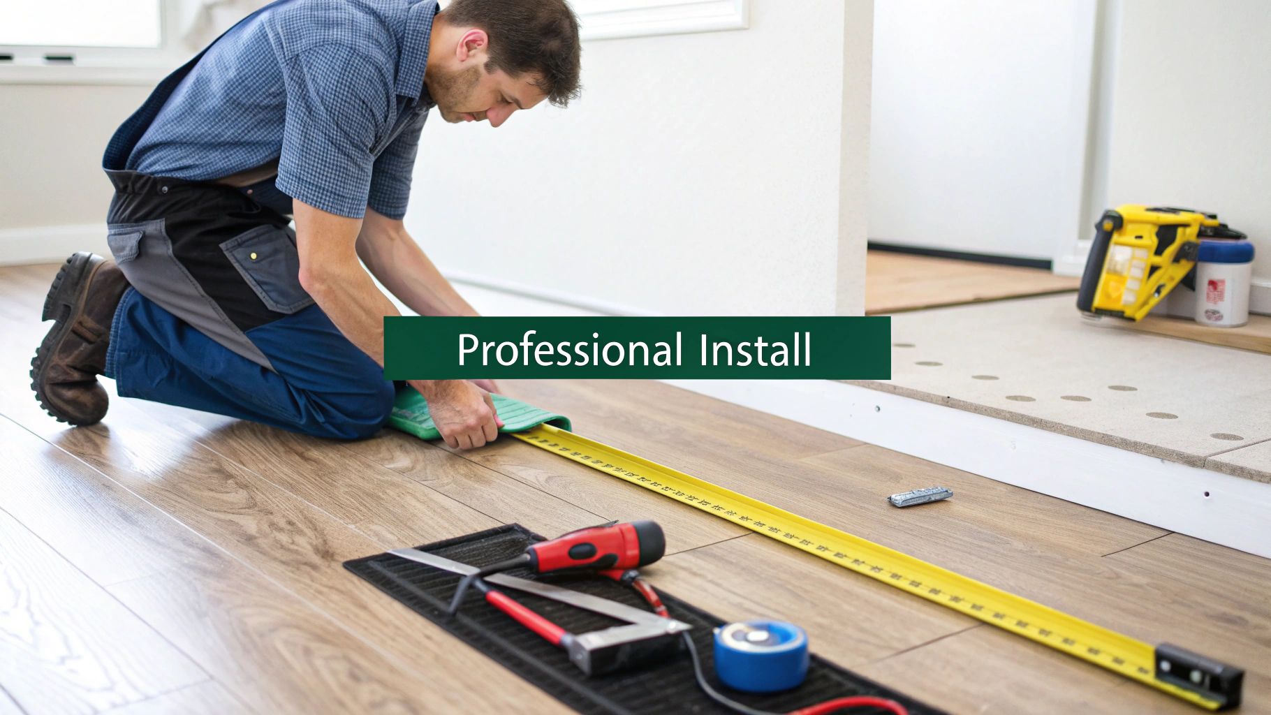 A professional installer measures a piece of wood-look vinyl flooring on a job site with tools nearby.