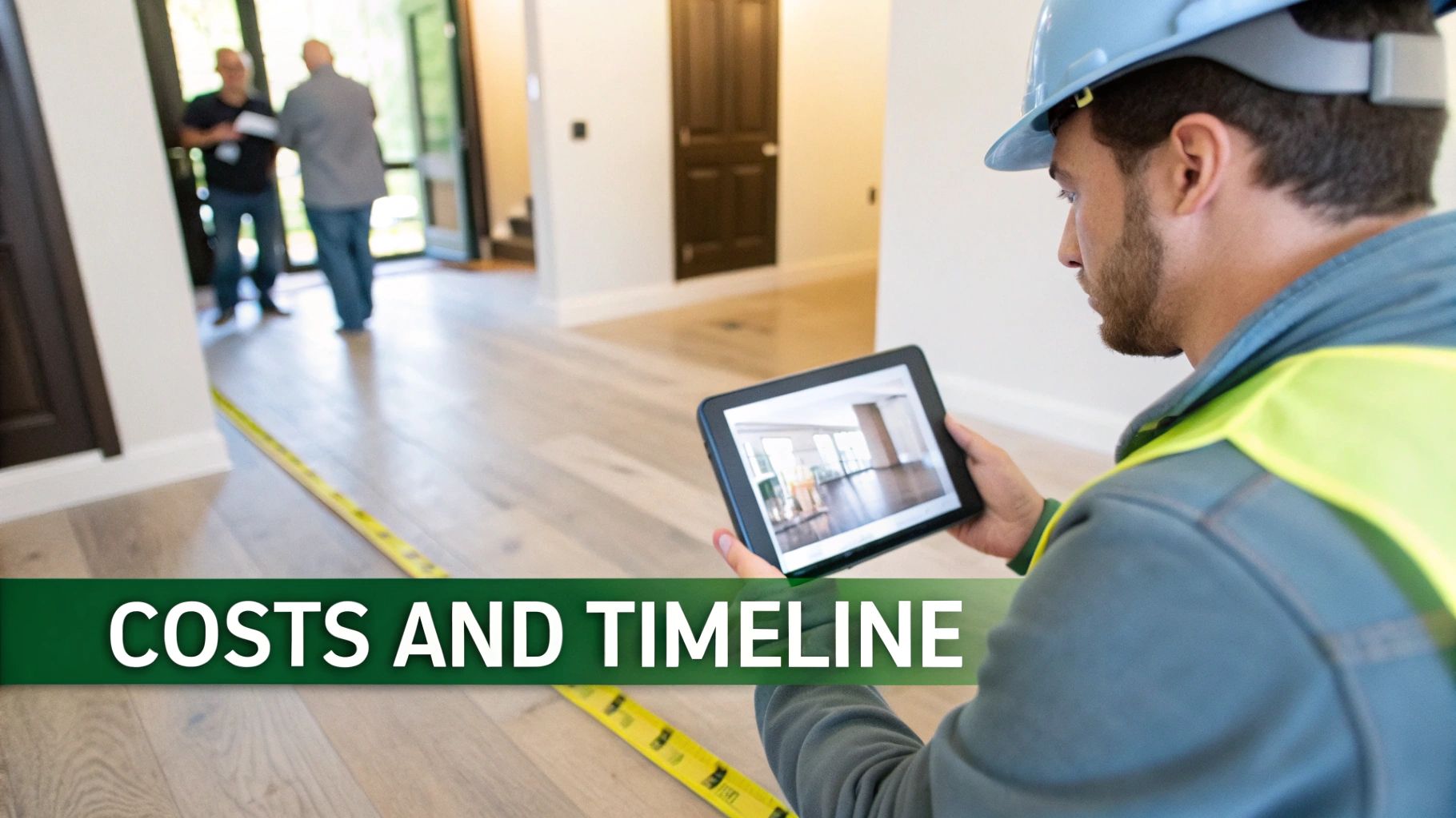 A construction worker in a hard hat looks at a tablet displaying a room layout, with a measuring tape on the floor.