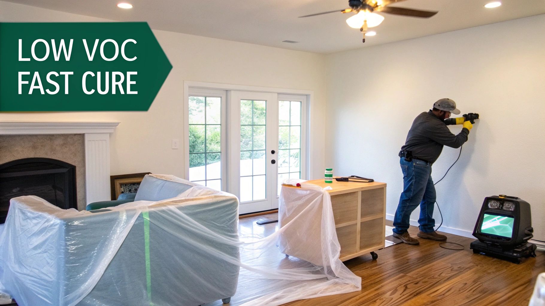 Man working on a wall in a room with furniture covered in plastic for protection.