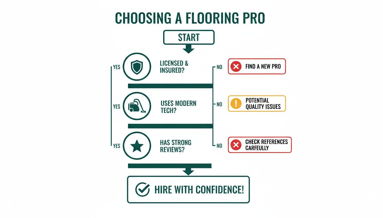 Flowchart for choosing a flooring professional, covering licensing, modern tech, and strong reviews.