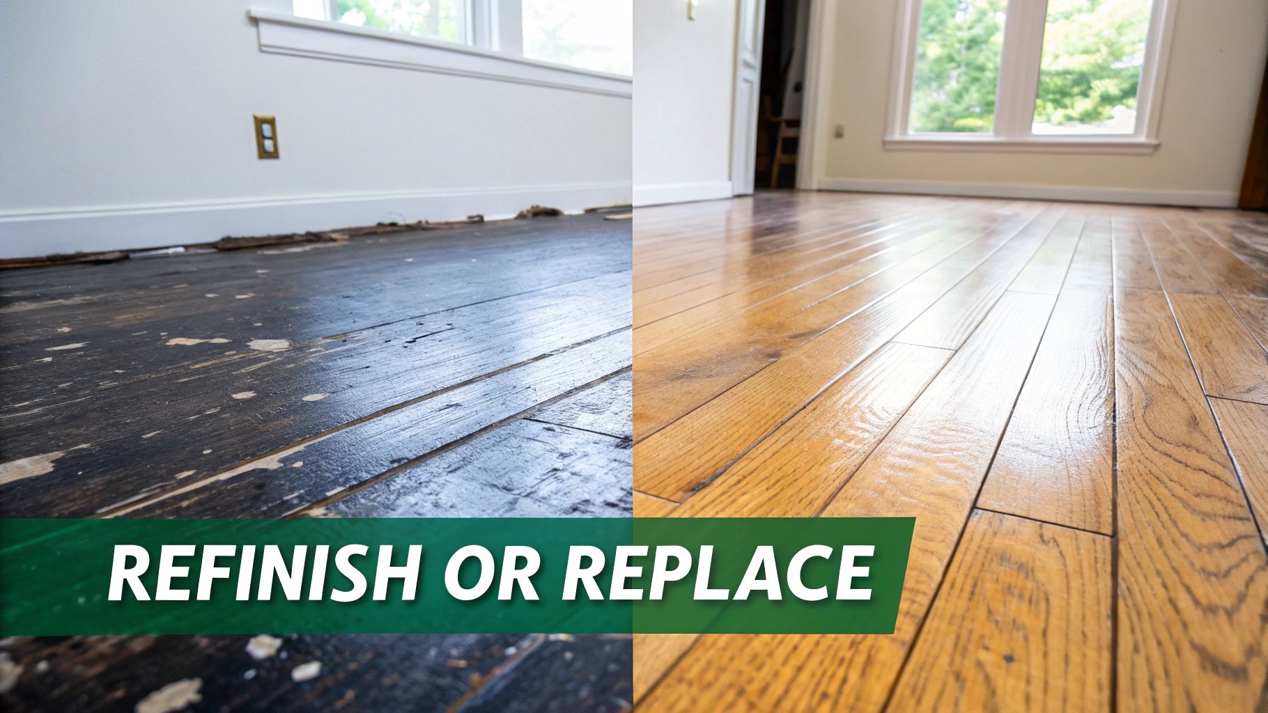 Split image showing worn dark hardwood floor next to a newly refinished bright wood floor.