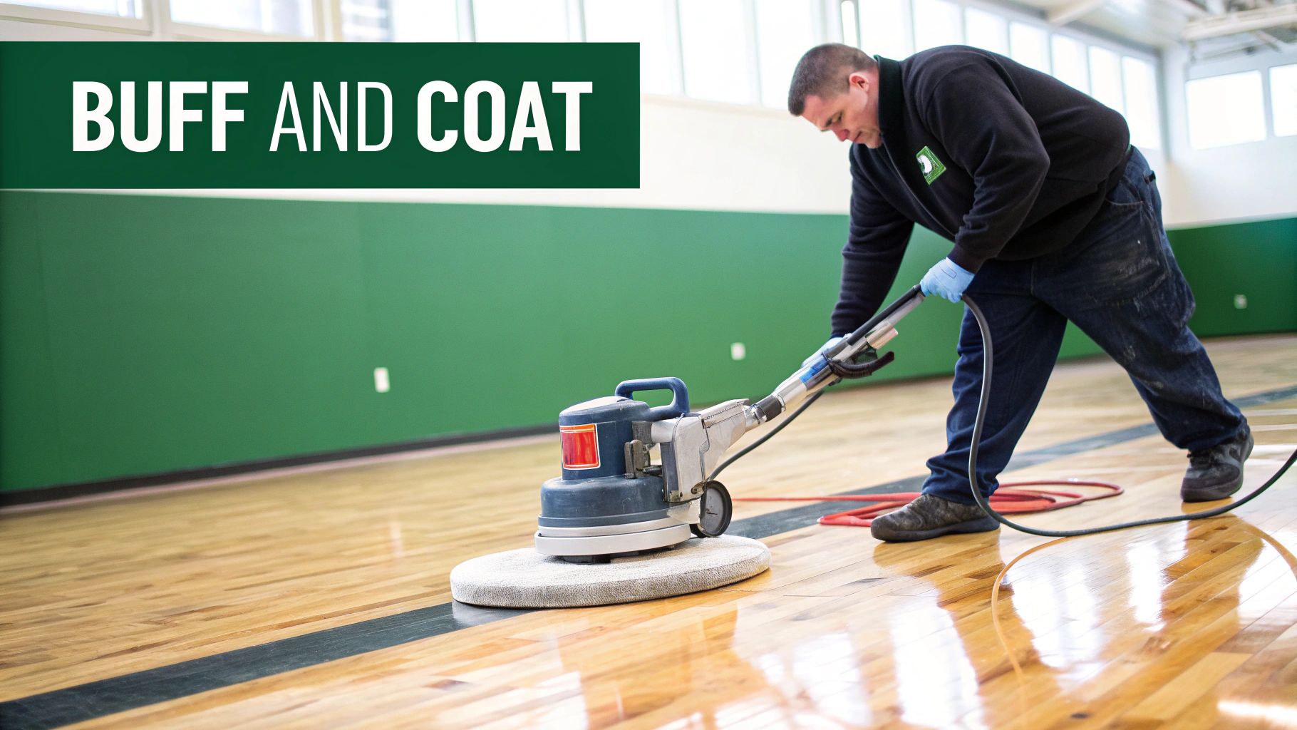 A man uses a floor buffer to polish and restore a shiny hardwood gym floor.