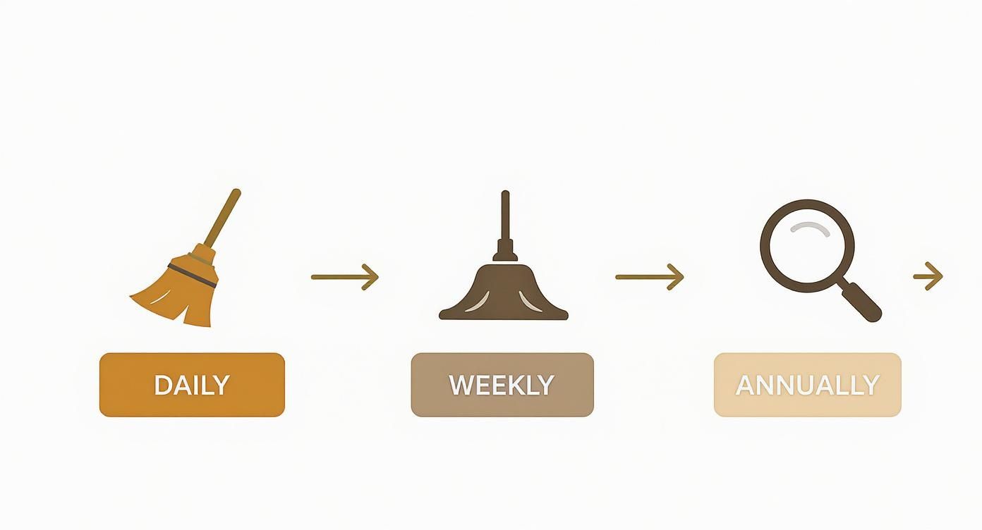 Visual guide showing daily sweeping, weekly dusting, and annual inspection for maintenance.
