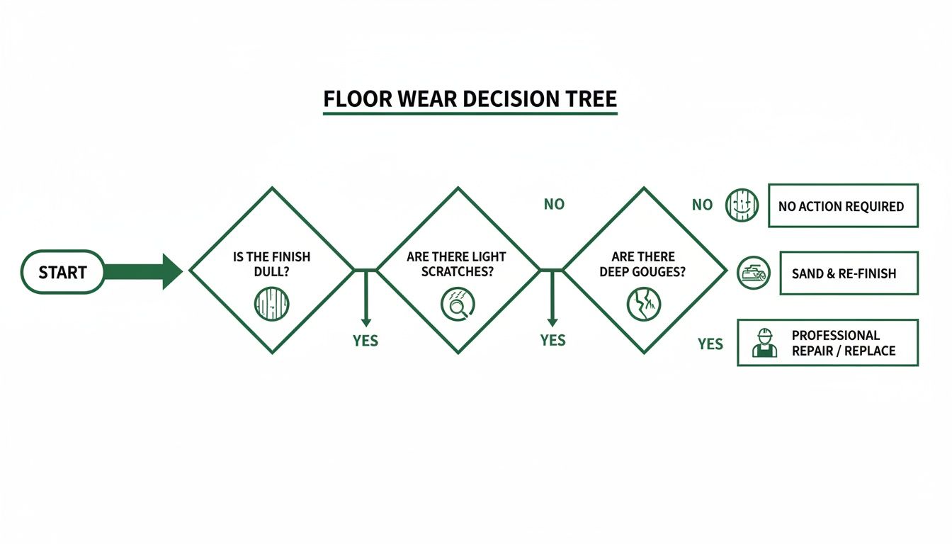 A decision tree flowchart for floor wear, outlining steps to assess damage and recommend actions.