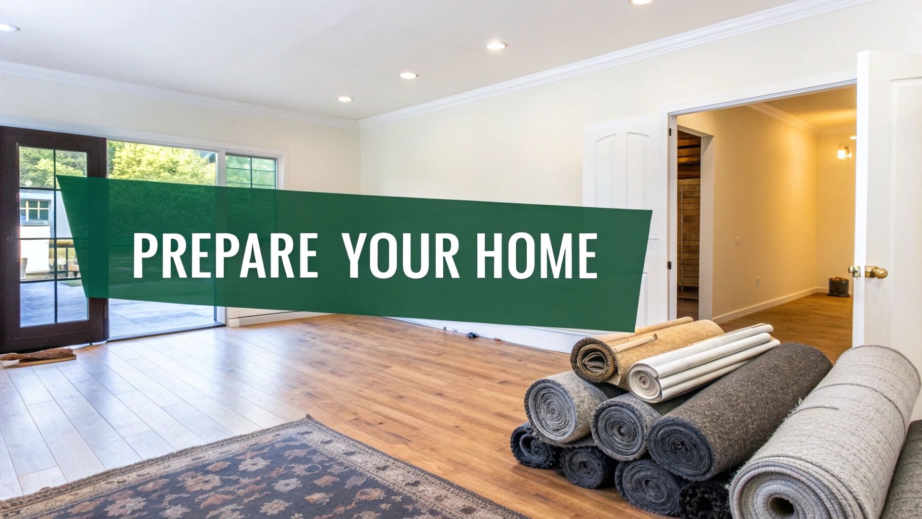 A bright room with new hardwood floors, various rolls of carpet and a rug, ready for home renovation.