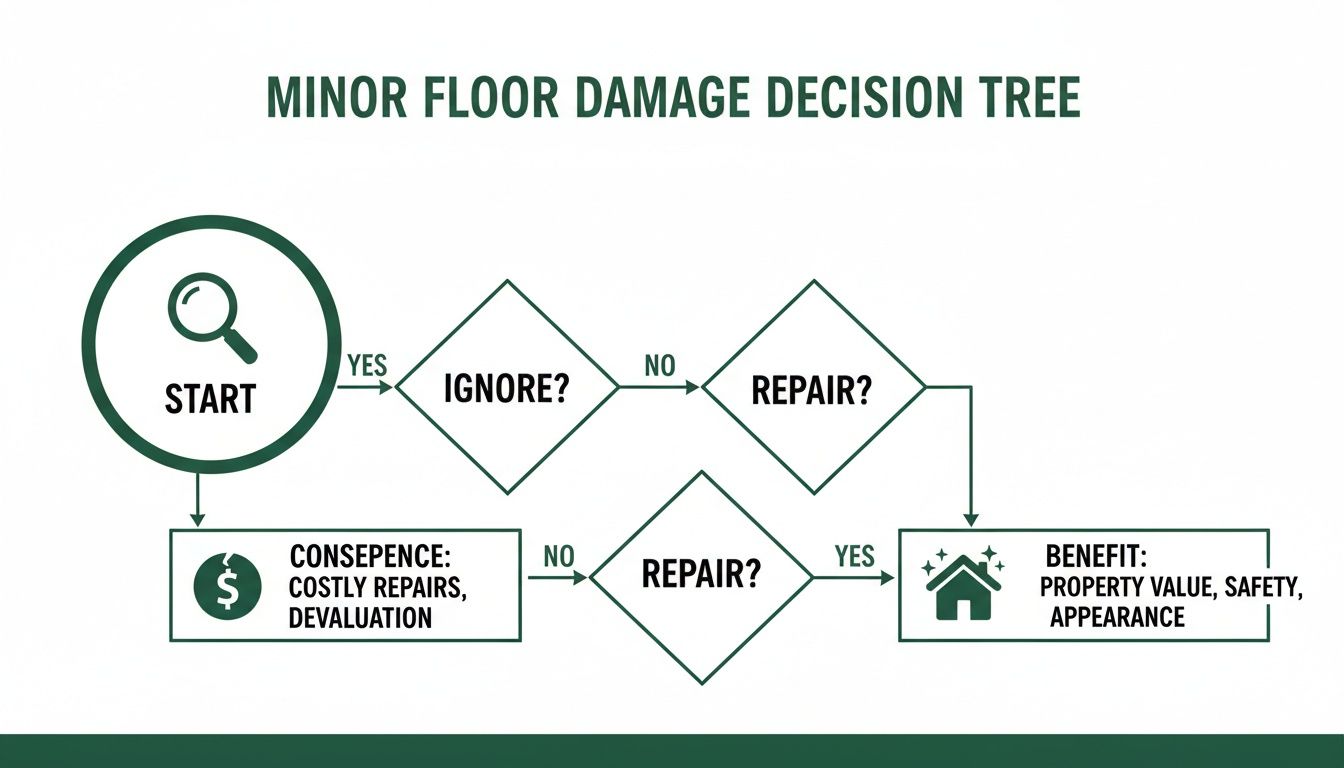 A decision tree flowchart outlining choices for minor floor damage, leading to consequences or benefits.