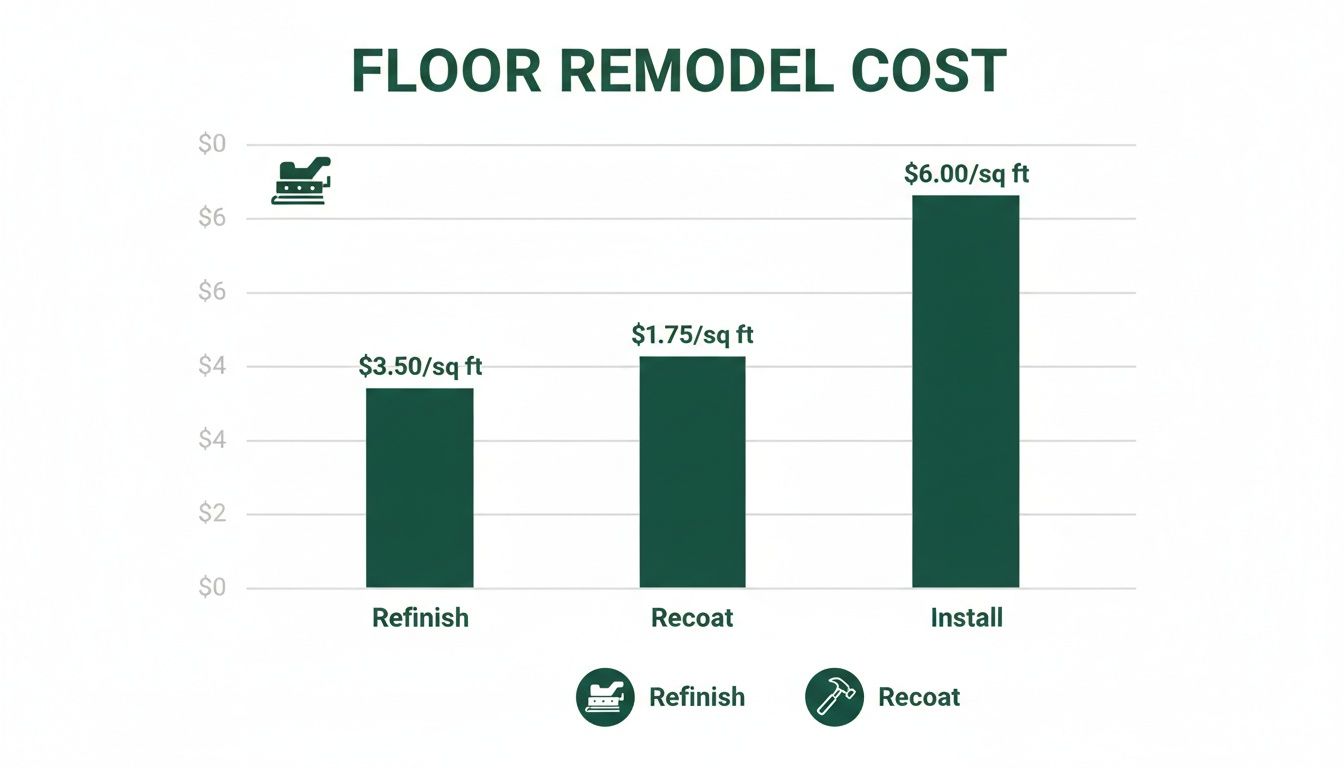 Bar chart illustrating floor remodel costs per square foot for refinishing, recoating, and installing.