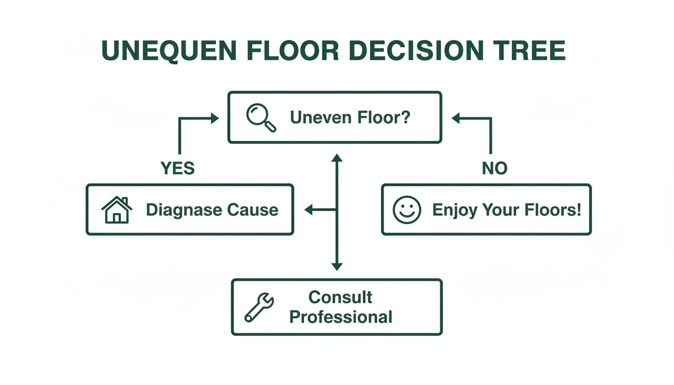 A green and white decision tree flowchart outlining steps for addressing uneven floors.