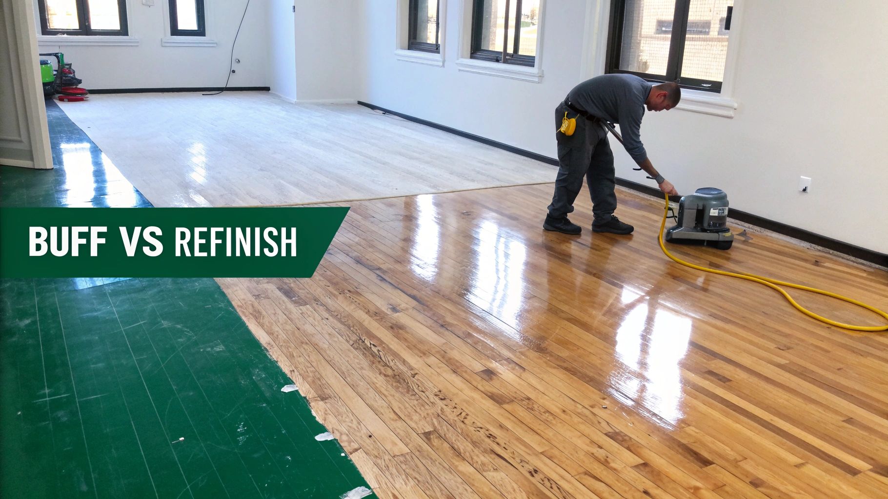 A man buffs a hardwood floor, showcasing the difference between buffing and refinishing techniques.