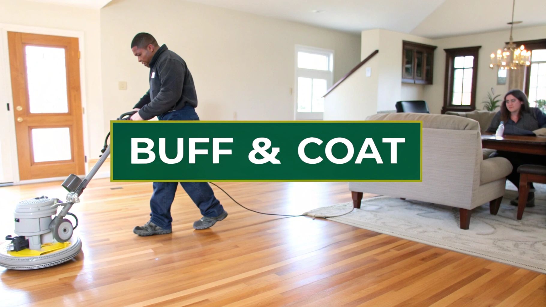 A man operates a floor buffing machine on a hardwood floor with the text 'BUFF & COAT'.
