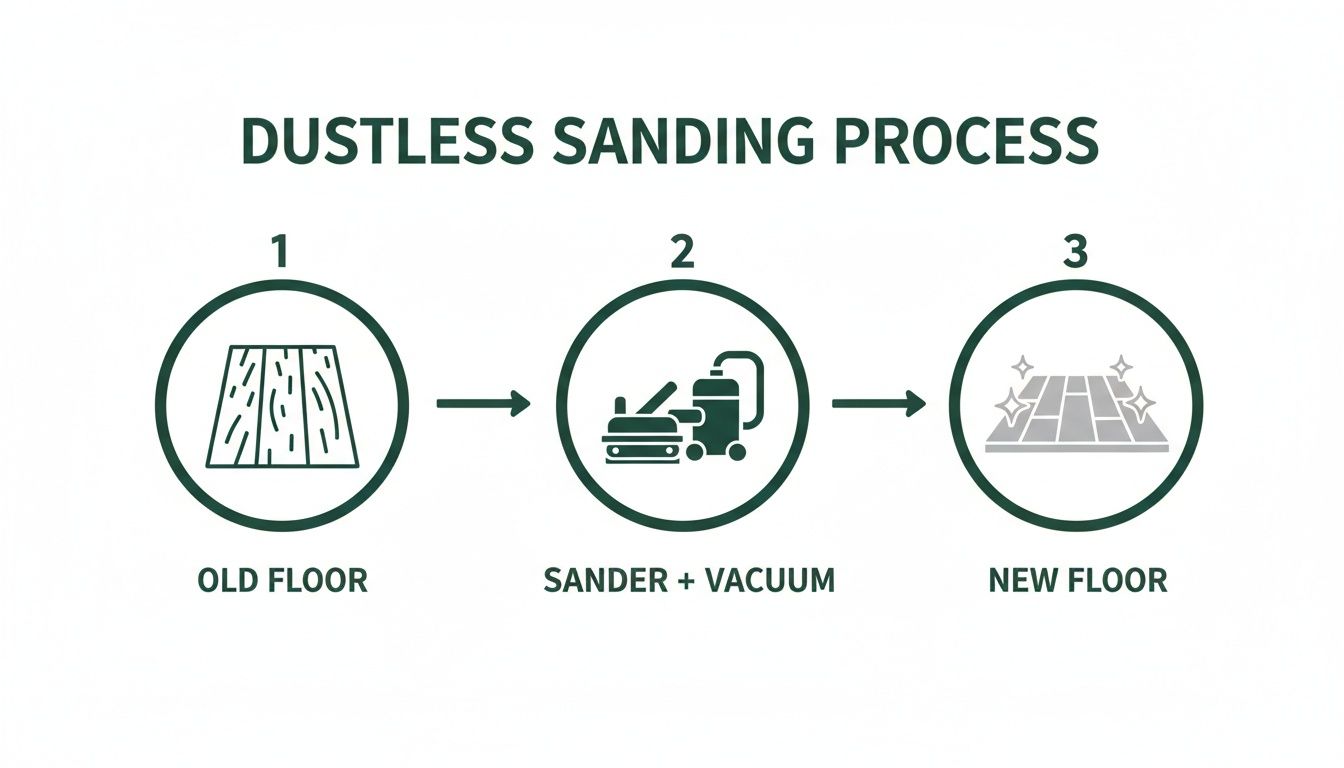 Infographic illustrating the dustless floor sanding process, from an old floor to a shiny new floor using a sander and vacuum.