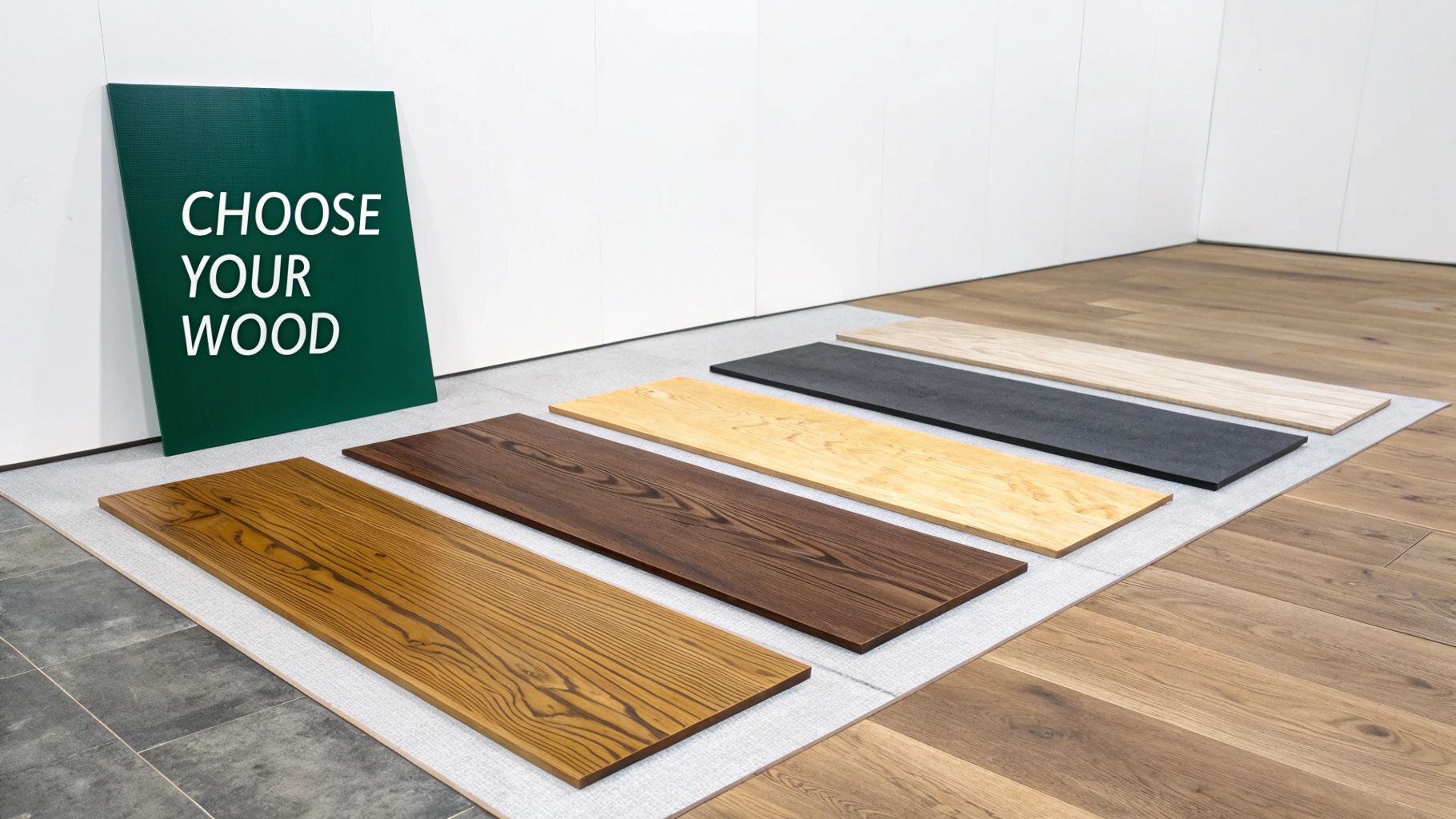 Five rectangular wood flooring samples in various shades, next to a green 'CHOOSE YOUR WOOD' sign.