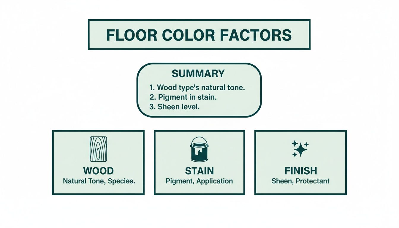 Diagram illustrating the factors that determine floor color: wood's natural tone, stain pigment, and finish sheen.