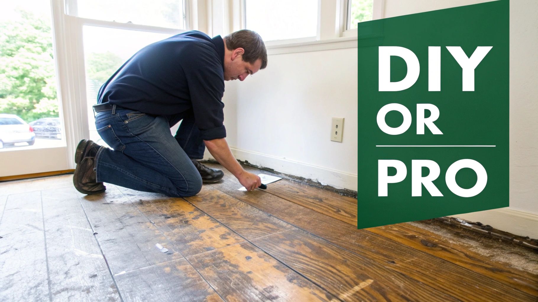 A man kneels, scraping an old wooden floor near the baseboard, preparing it for refinishing.