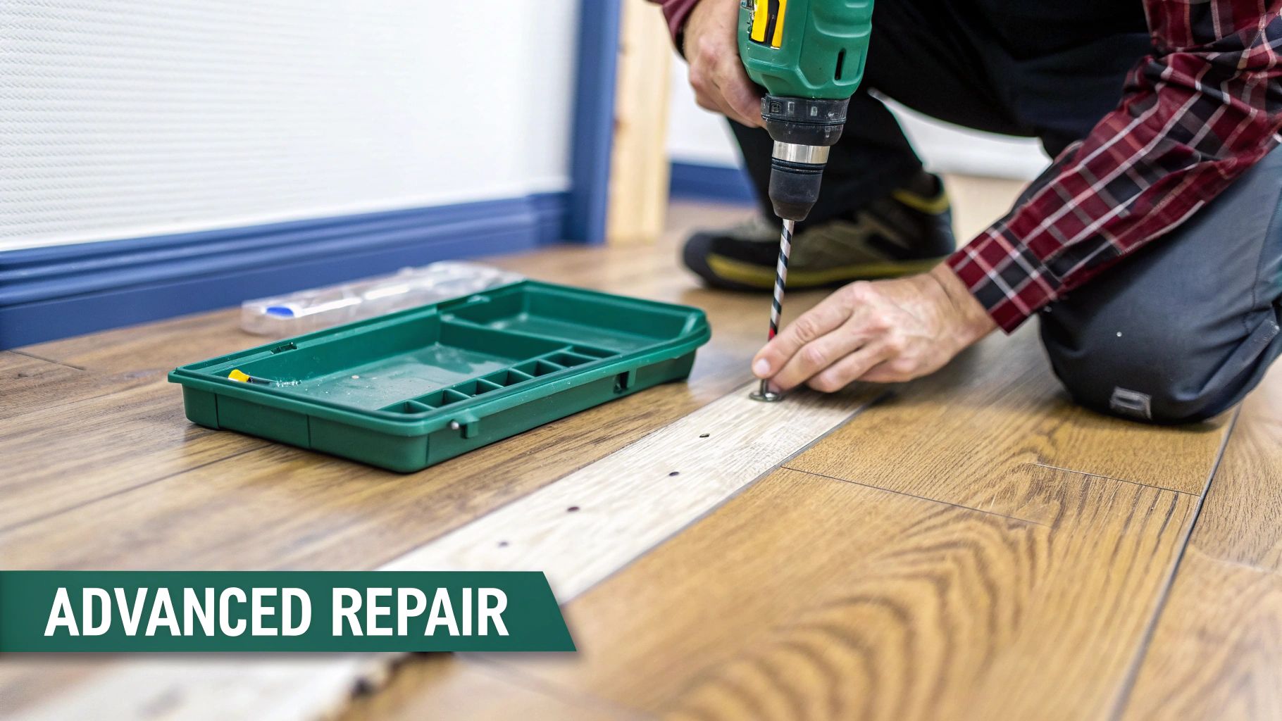 A person uses a green electric drill to repair a wooden floor, with a tool tray nearby.