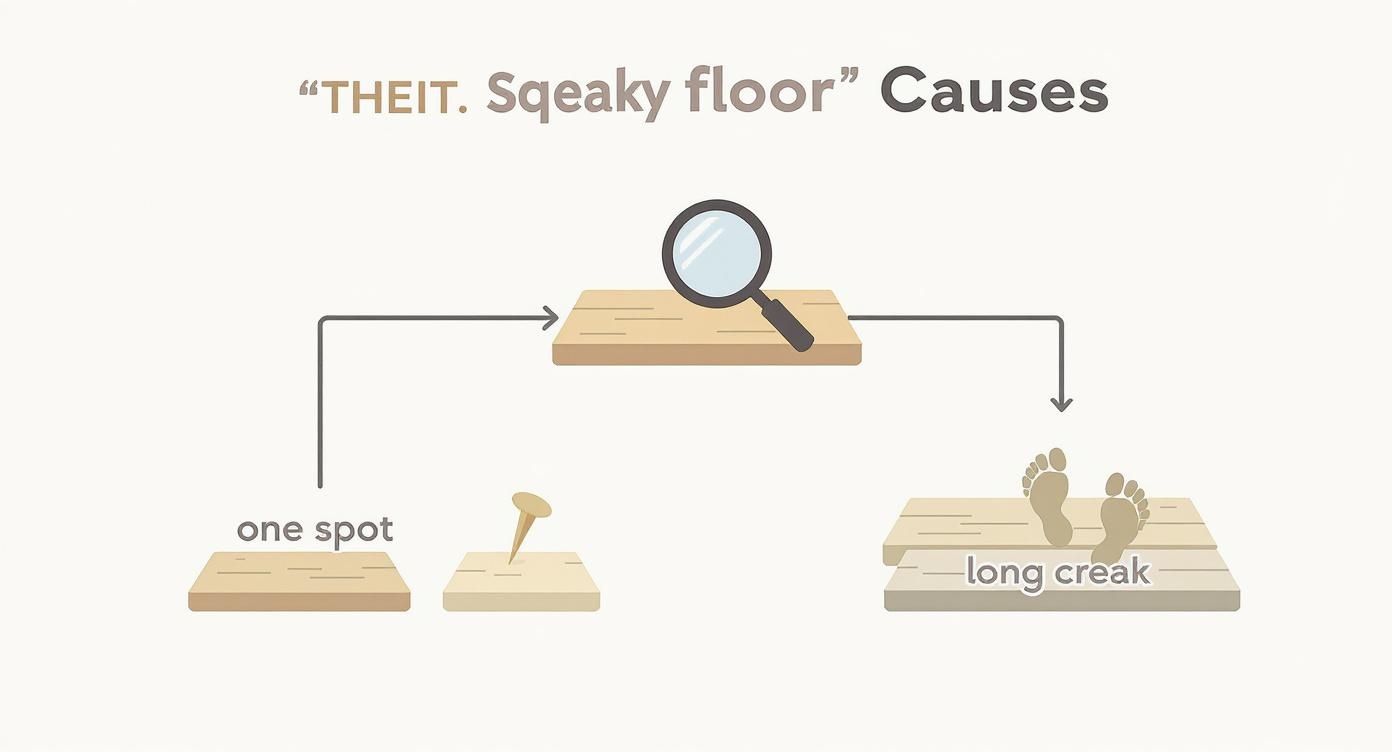 Diagram illustrating the causes of squeaky floors, showing one-spot squeaks with a nail and long creaks with footprints.