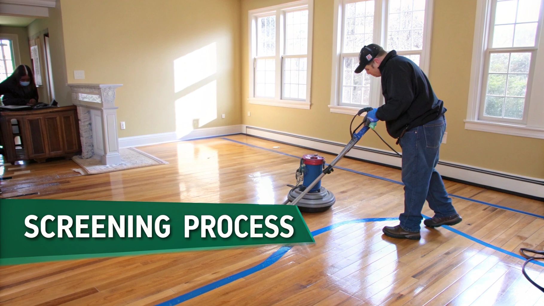 A person operates a floor buffer on a hardwood floor, part of the screening process.