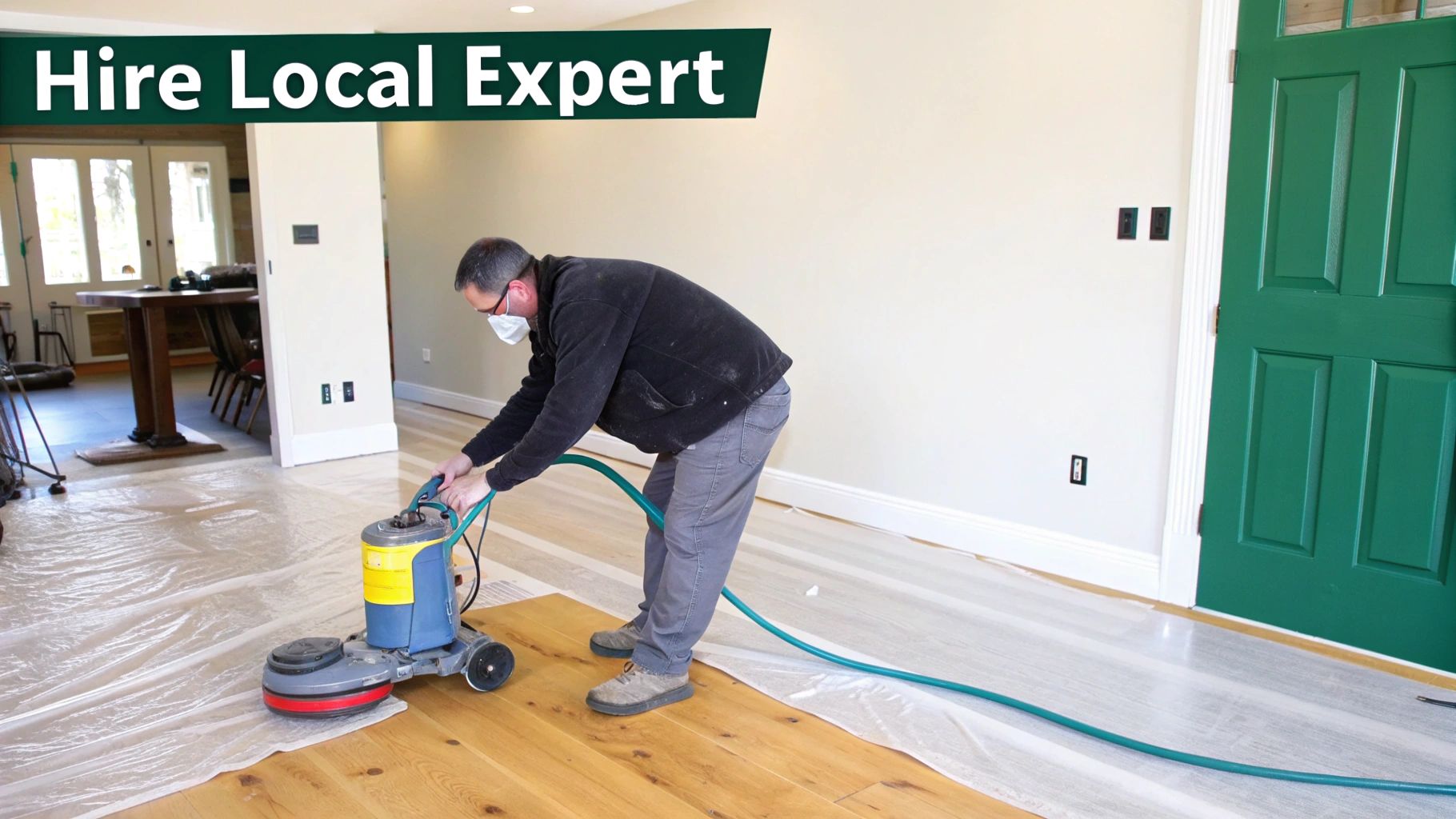 A man wearing a mask operates a floor buffer on a hardwood floor, with part of the floor covered.