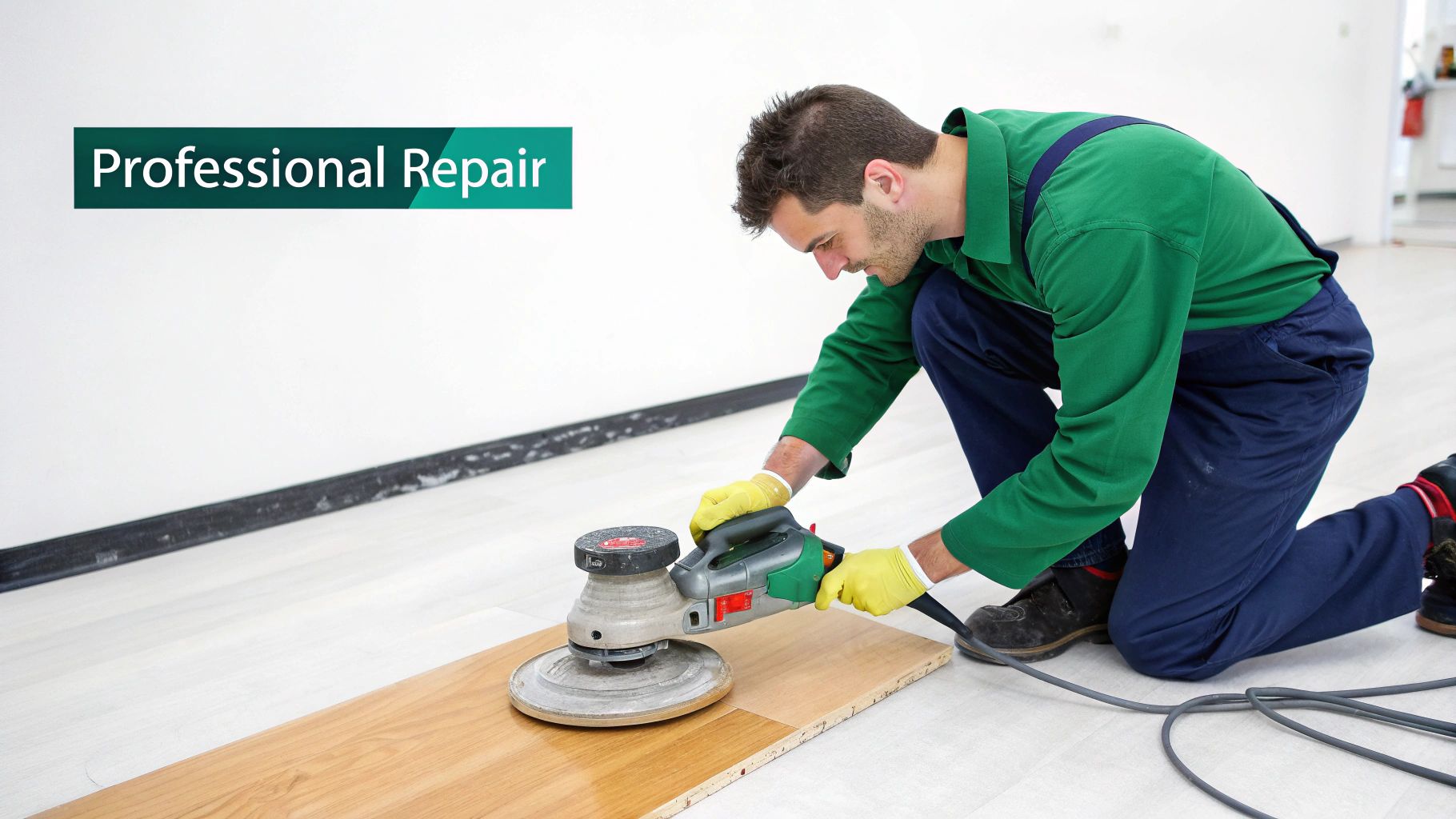 A professional man in work uniform kneeling, using a floor sander to repair a hardwood floor.