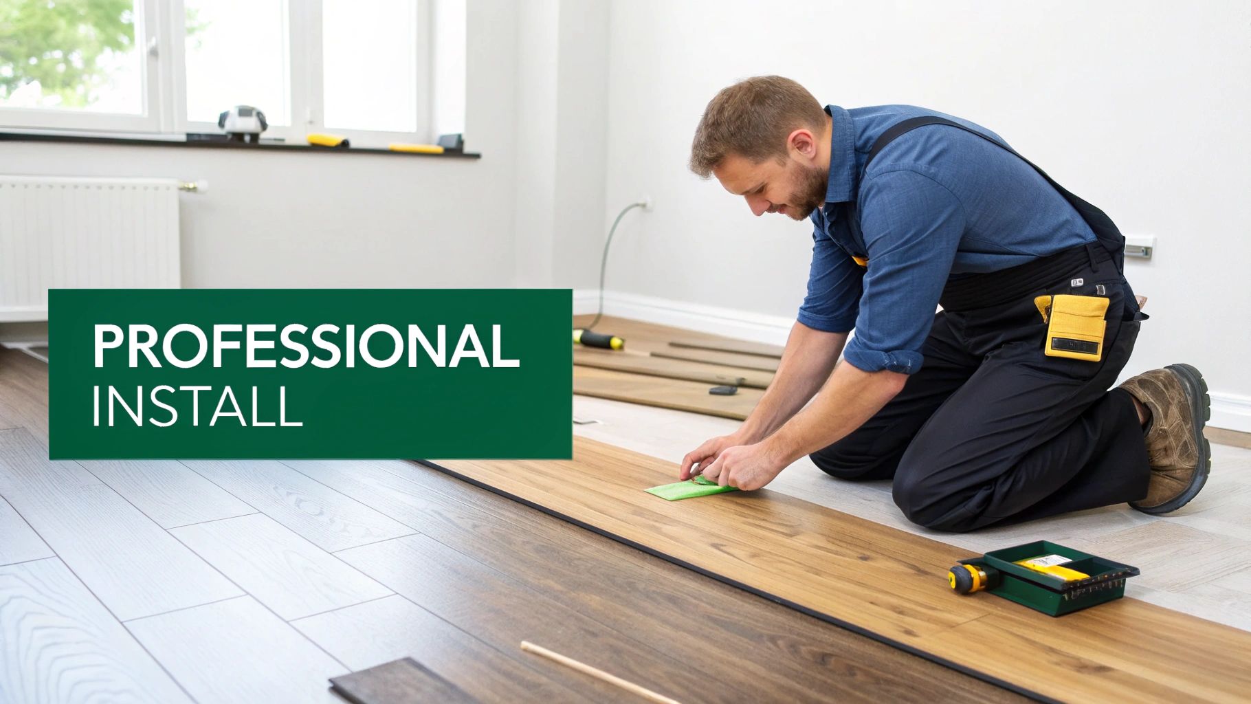 A professional installer on his knees, meticulously laying dark wood laminate flooring in a room.