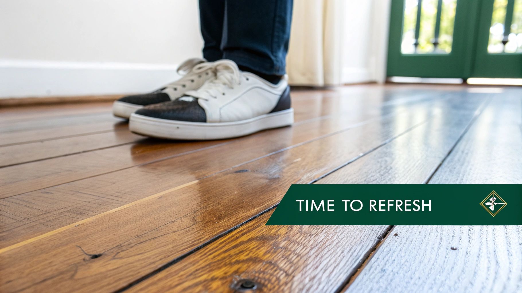 A person in white and black sneakers stands on glossy wooden floors, with a 'TIME TO REFRESH' banner.