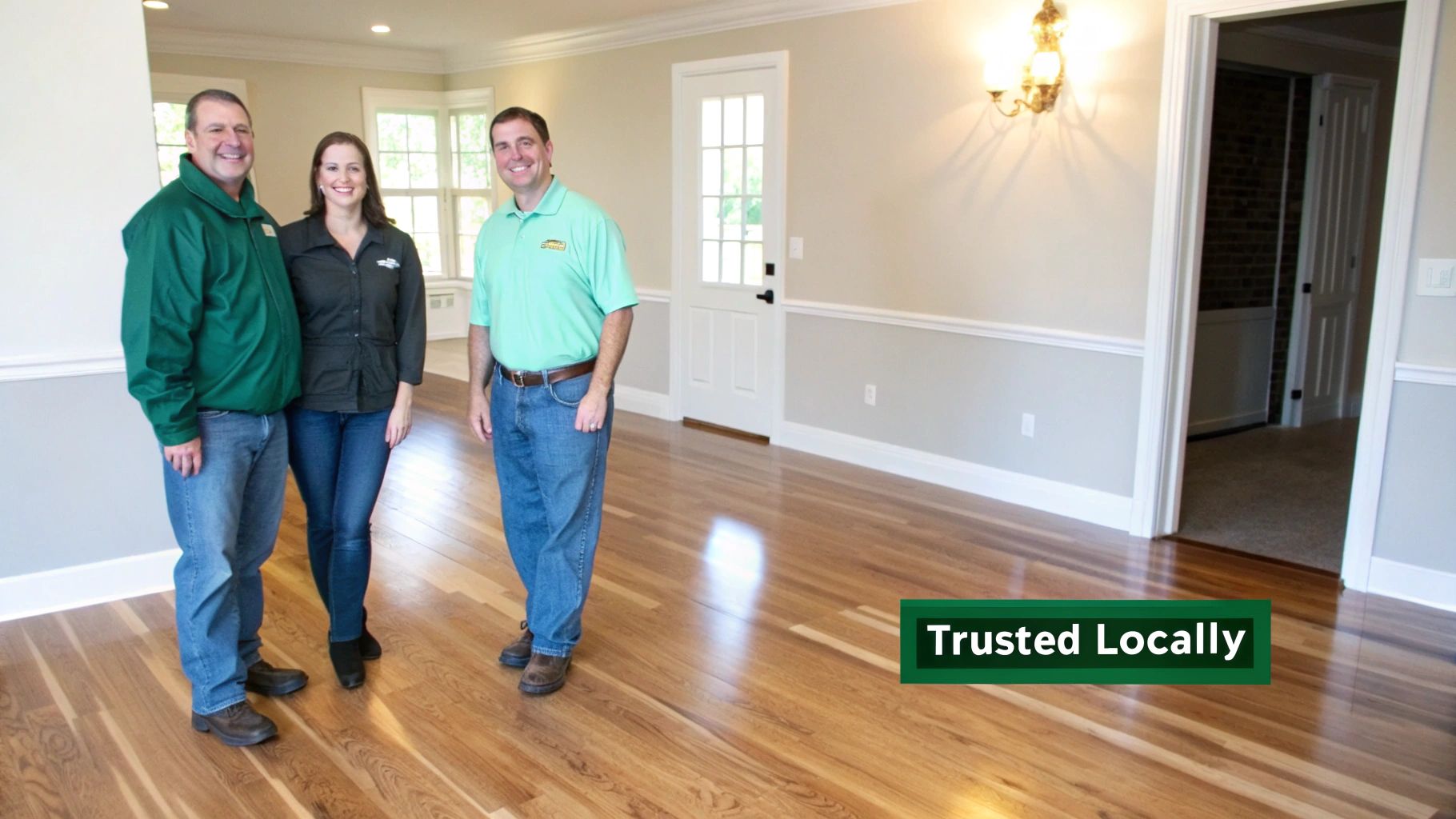Three smiling professionals stand proudly in a newly renovated room with gleaming hardwood floors.