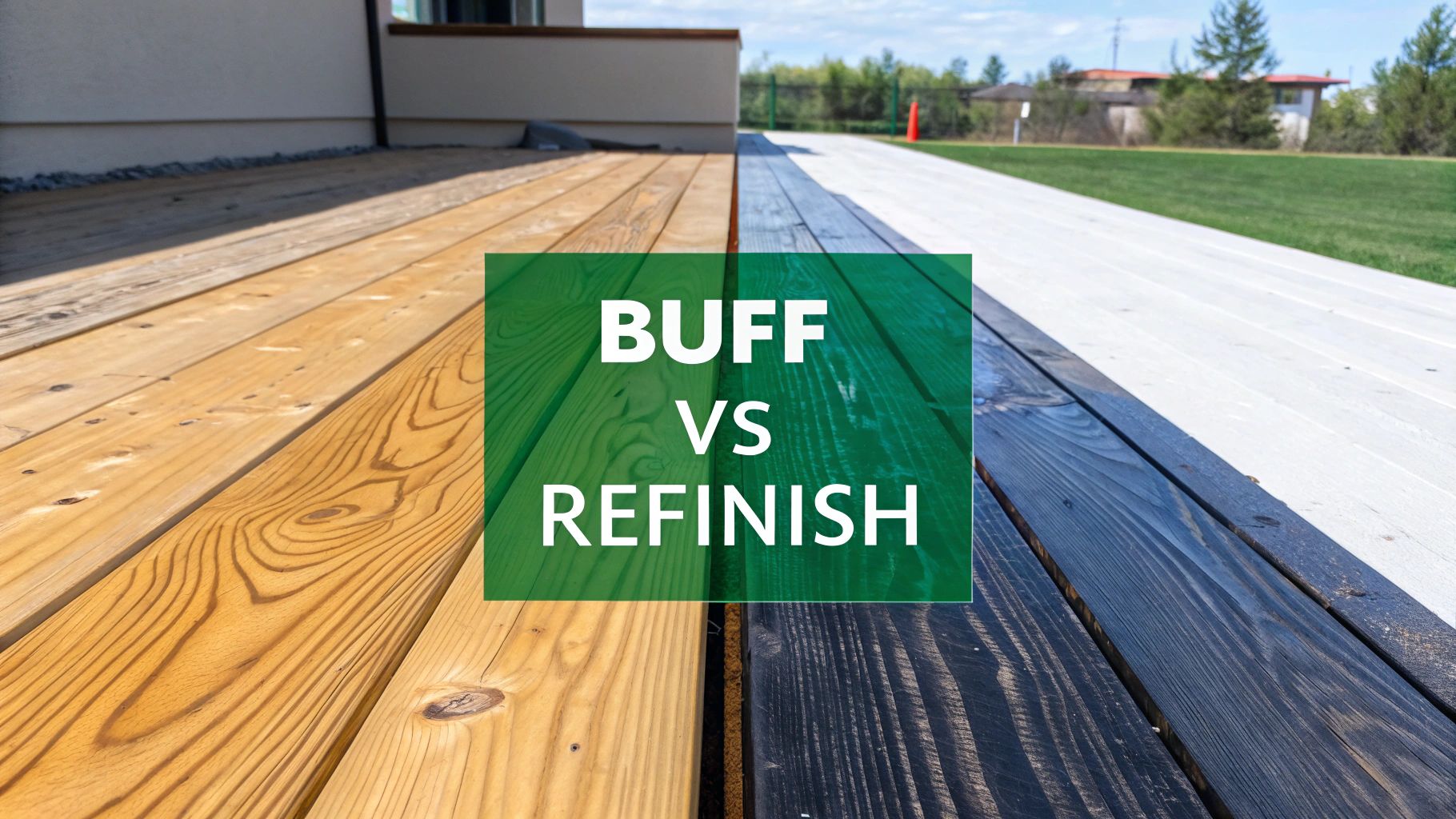 A wooden deck divided into two sections, one with natural wood finish, the other dark stained, illustrating 'Buff vs Refinish'.