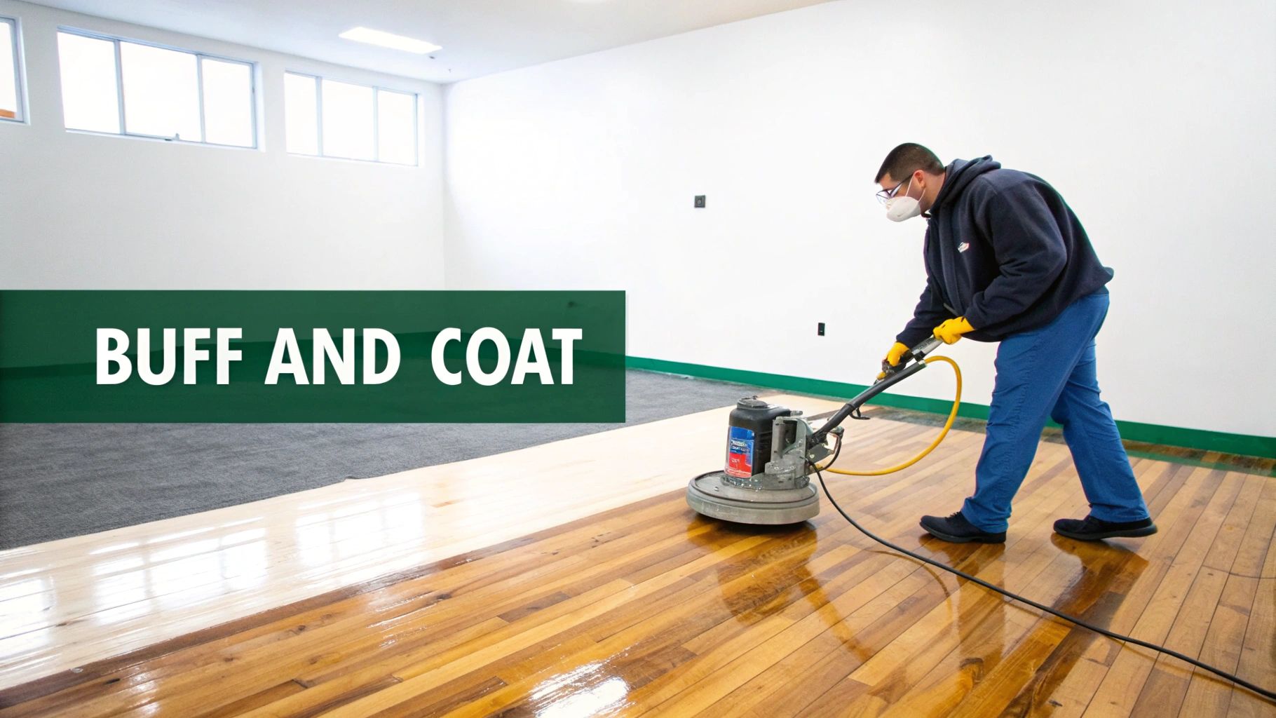 A worker in a mask and gloves buffs and coats a shiny wooden floor with a professional floor machine.