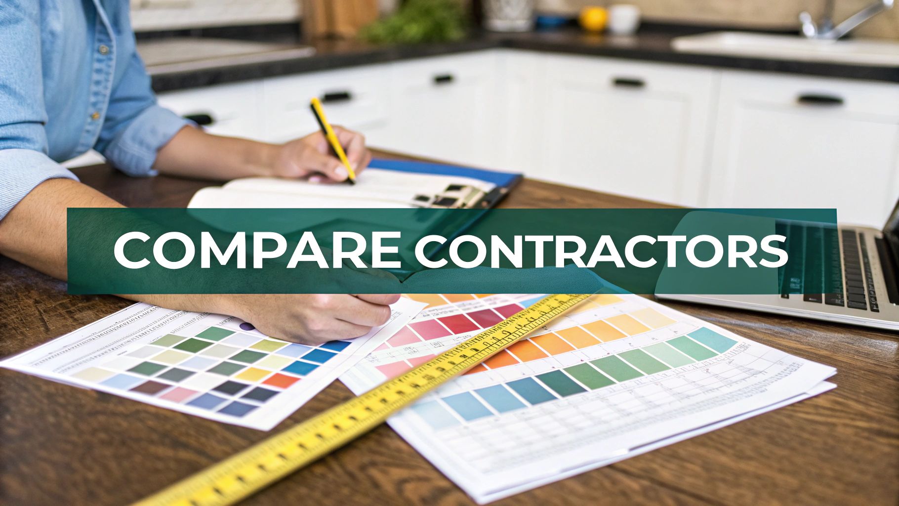 Person comparing color palettes and project plans with a laptop, showing 'COMPARE CONTRACTORS' overlay.