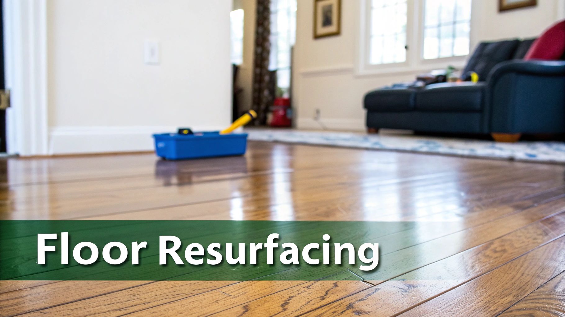 A close-up of a newly resurfaced shiny wooden floor with a toolbox in a bright home.