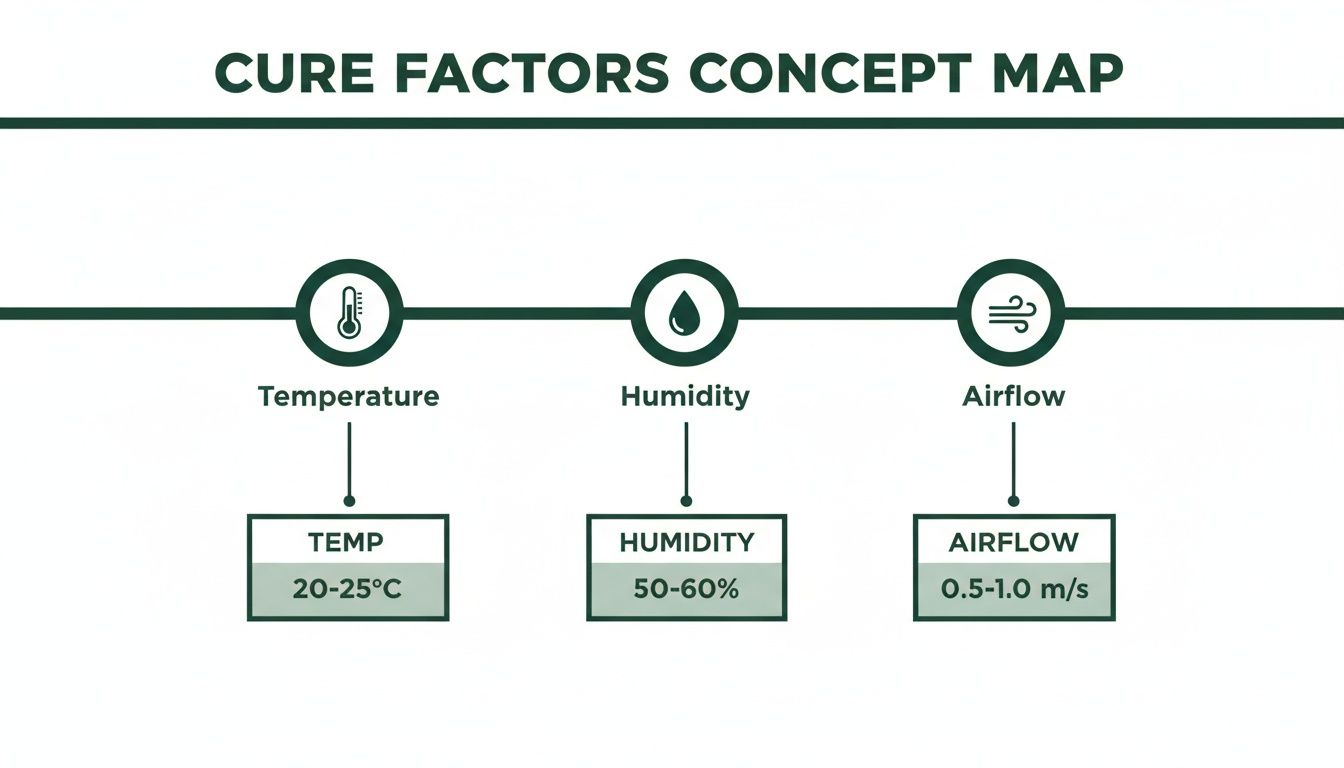 Concept map detailing optimal cure factors like temperature (20-25°C), humidity (50-60%), and airflow.
