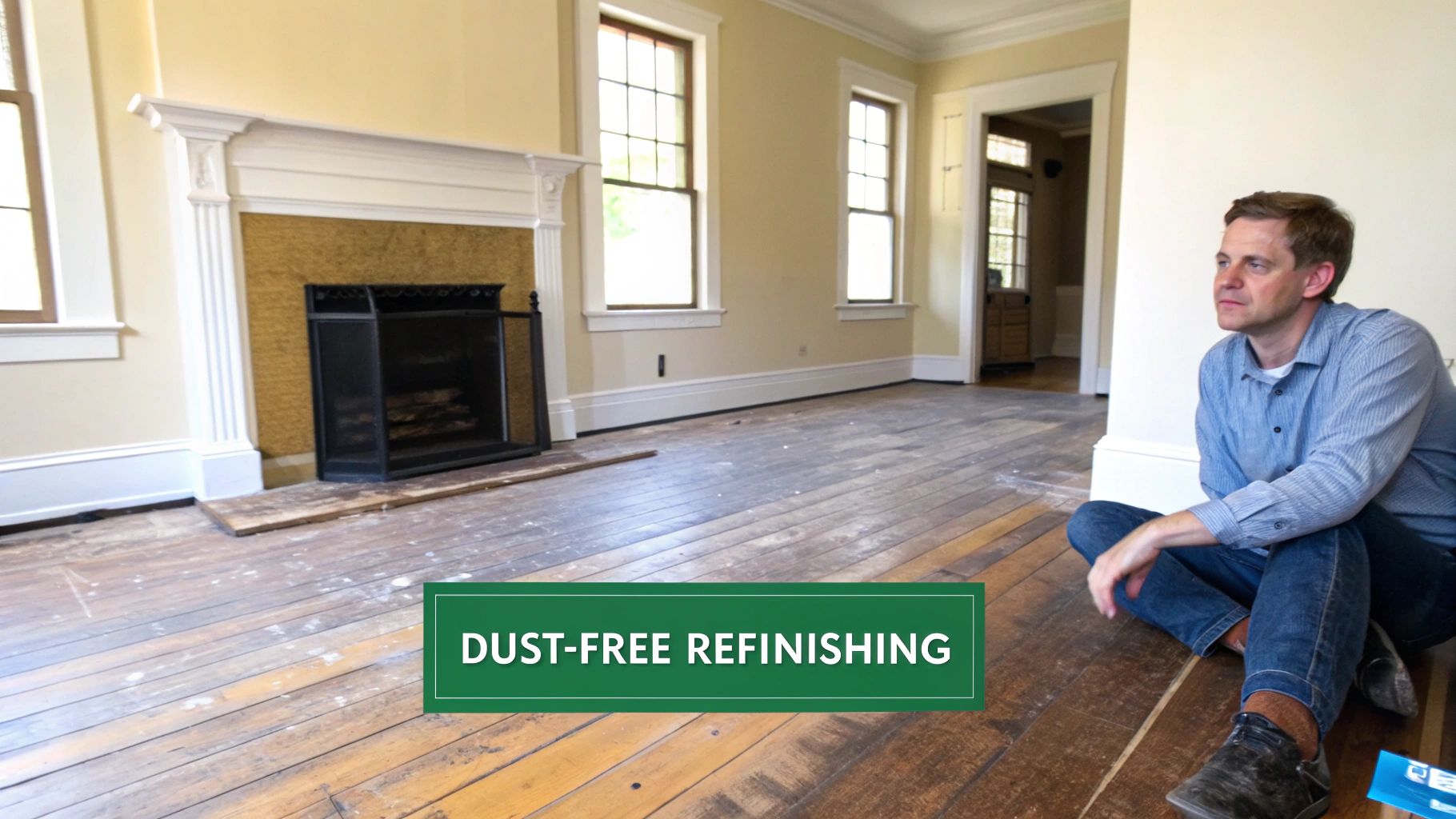 A man sits on a wooden floor undergoing dust-free refinishing in a room with a fireplace and windows.