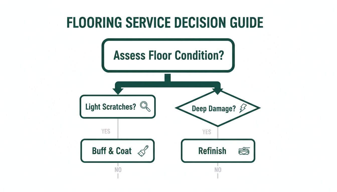 A flooring service decision guide flowchart illustrates steps to assess floor condition for light scratches or deep damage.