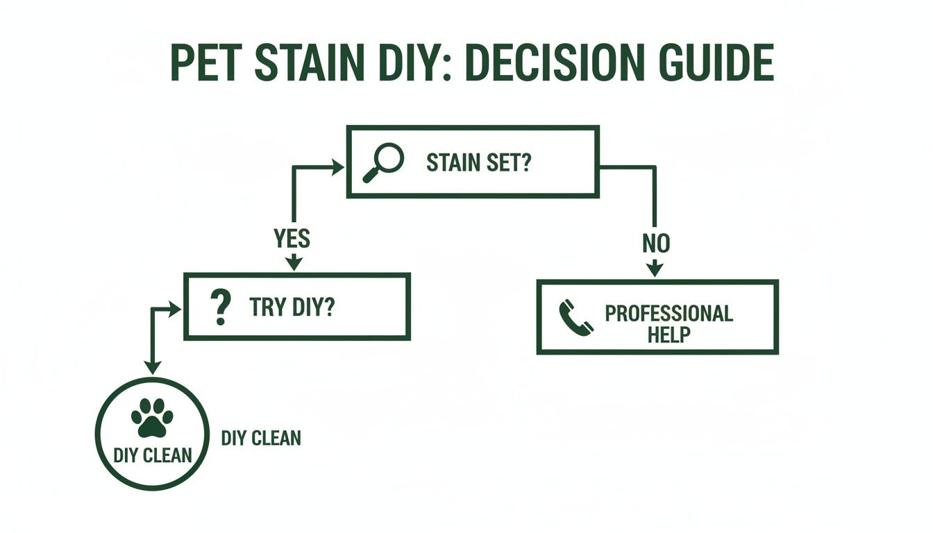 A decision guide flowchart for pet stain removal, directing users to DIY or professional help.