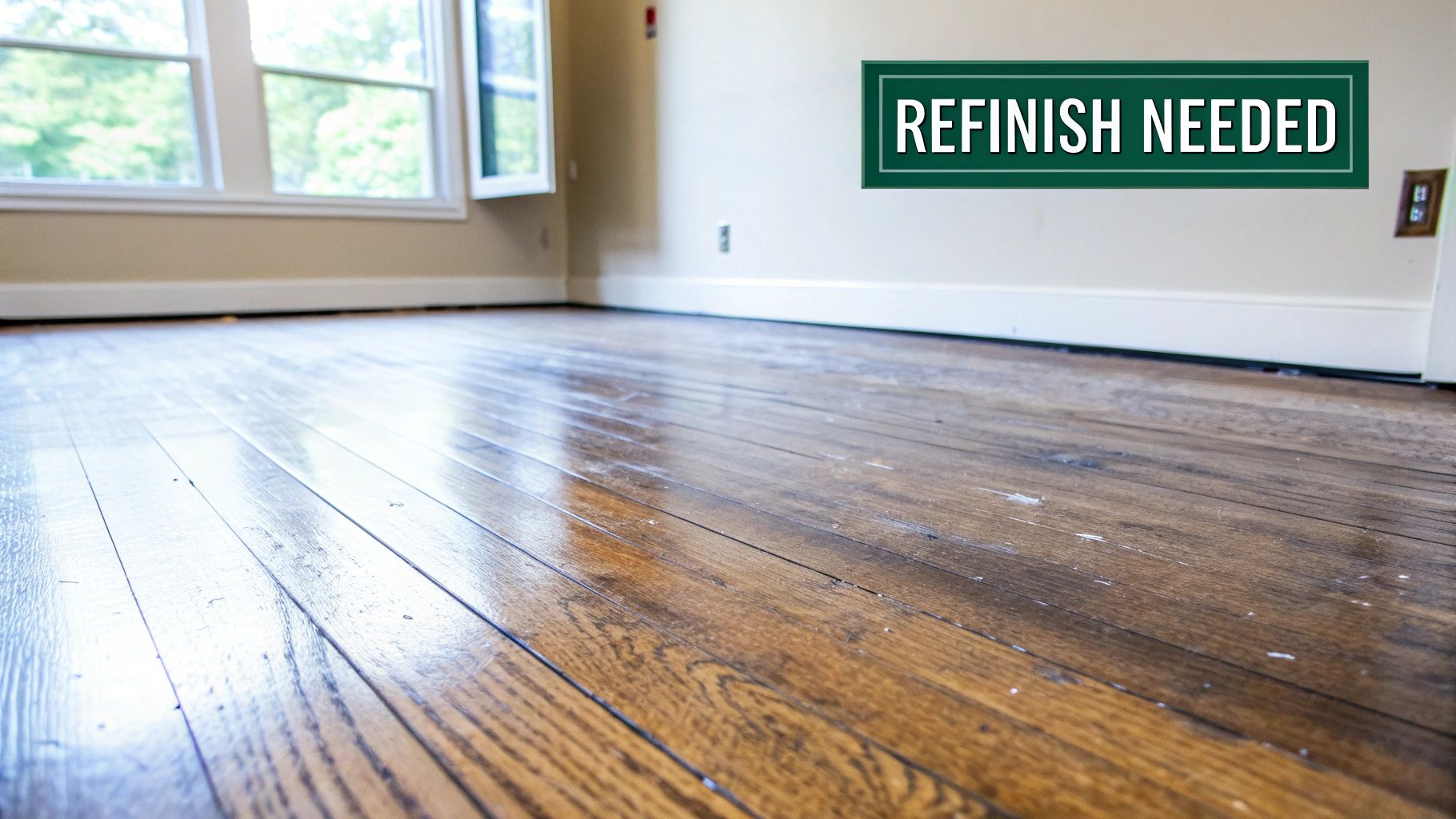 A worn hardwood floor in a room with a window, visibly damaged and in need of refinishing.