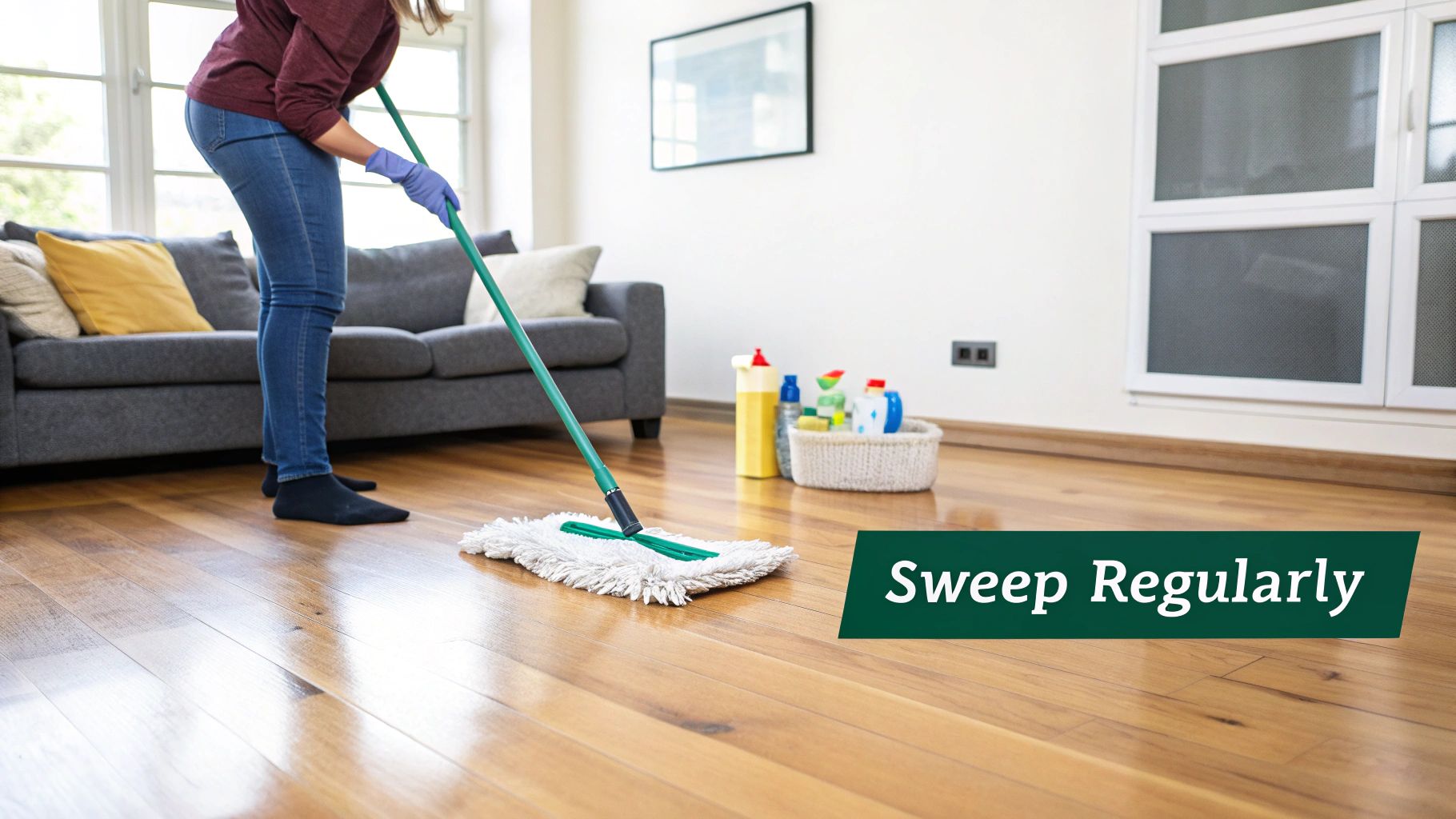 A person in blue jeans and a purple shirt sweeping a shiny wooden floor with a mop.