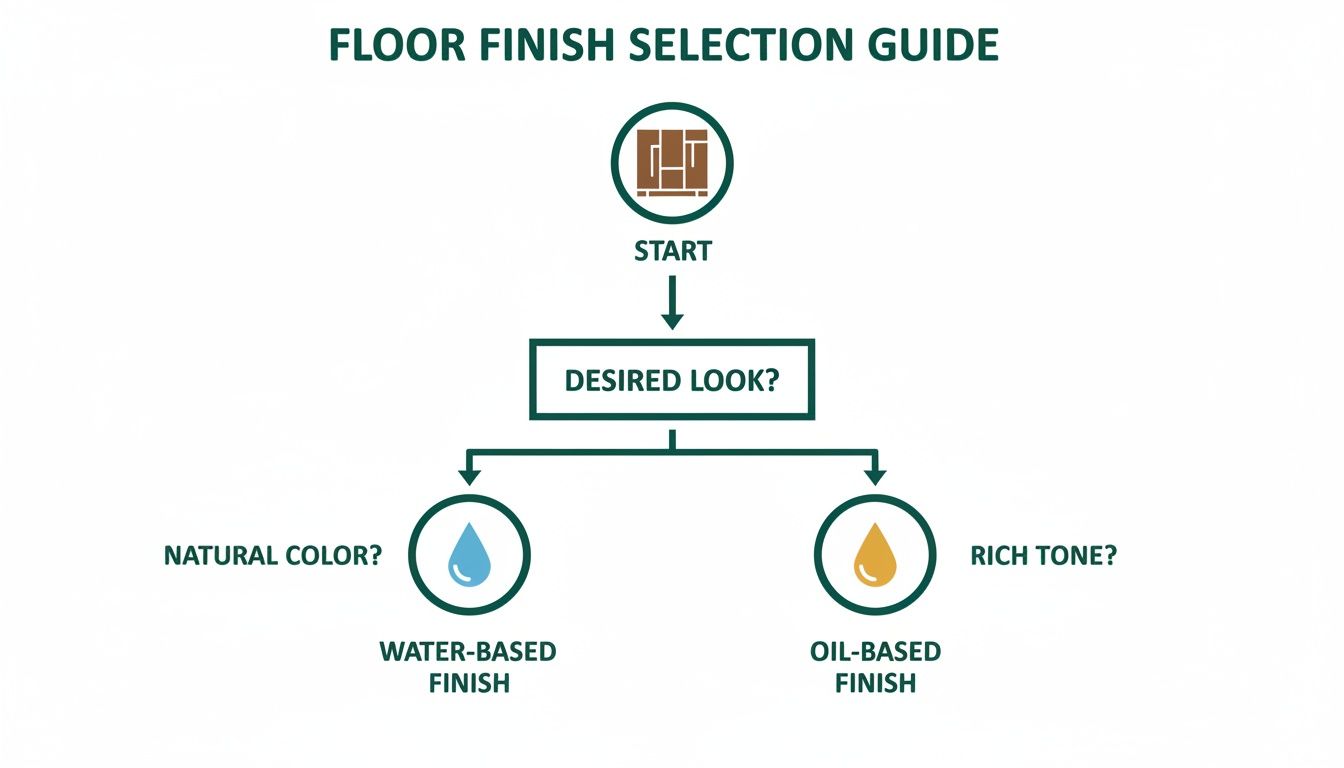 Flowchart guiding floor finish selection for natural color (water-based) or rich tone (oil-based).