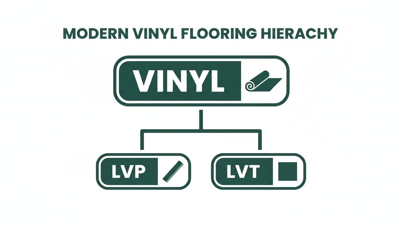 A modern vinyl flooring hierarchy chart illustrating VINYL, LVP (Luxury Vinyl Plank), and LVT (Luxury Vinyl Tile) types.