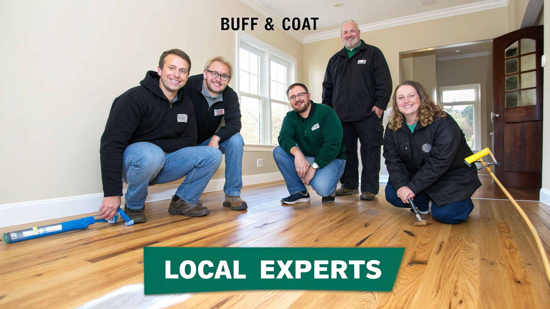 A smiling team of local experts working on buffing and coating hardwood floors in a home.