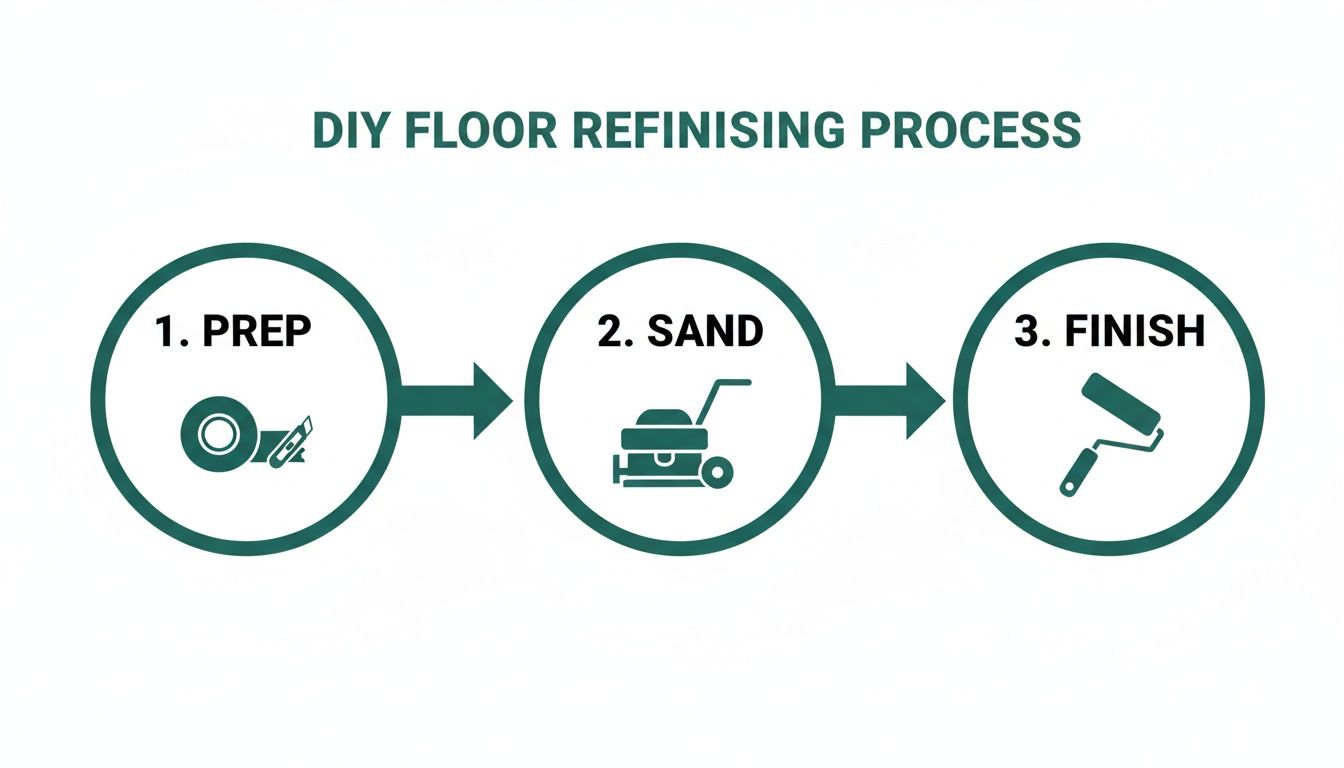 A graphic illustrating the 3-step DIY floor refinishing process: prep, sand, and finish.