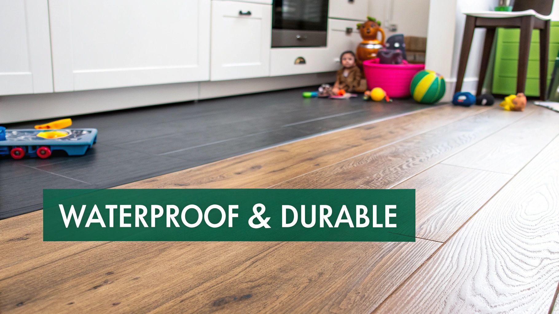 Kitchen floor with a transition from dark grey to light wood-effect flooring, featuring toys and a 'Waterproof & Durable' banner.