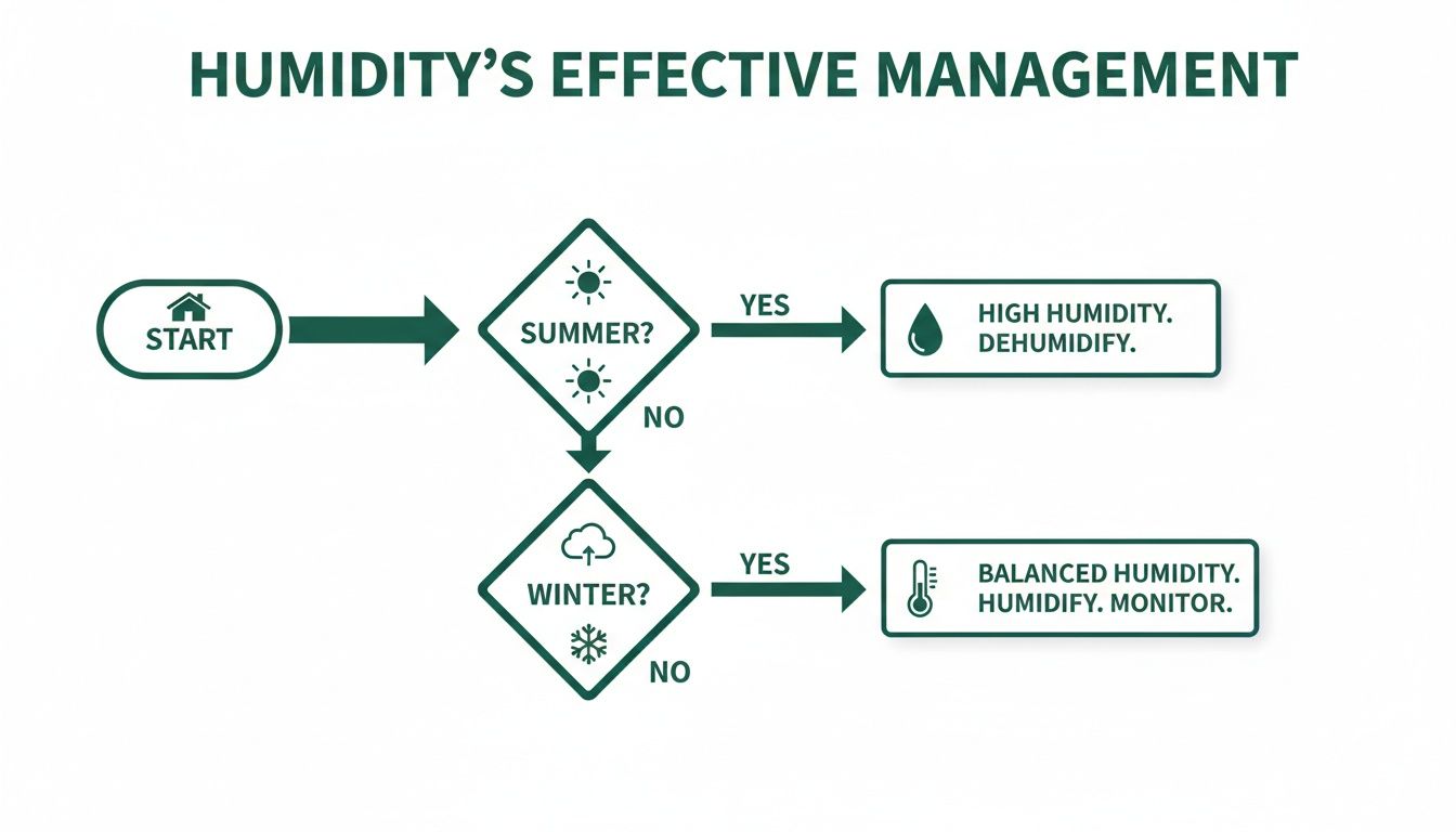 A flowchart illustrating effective humidity management strategies for summer and winter conditions.