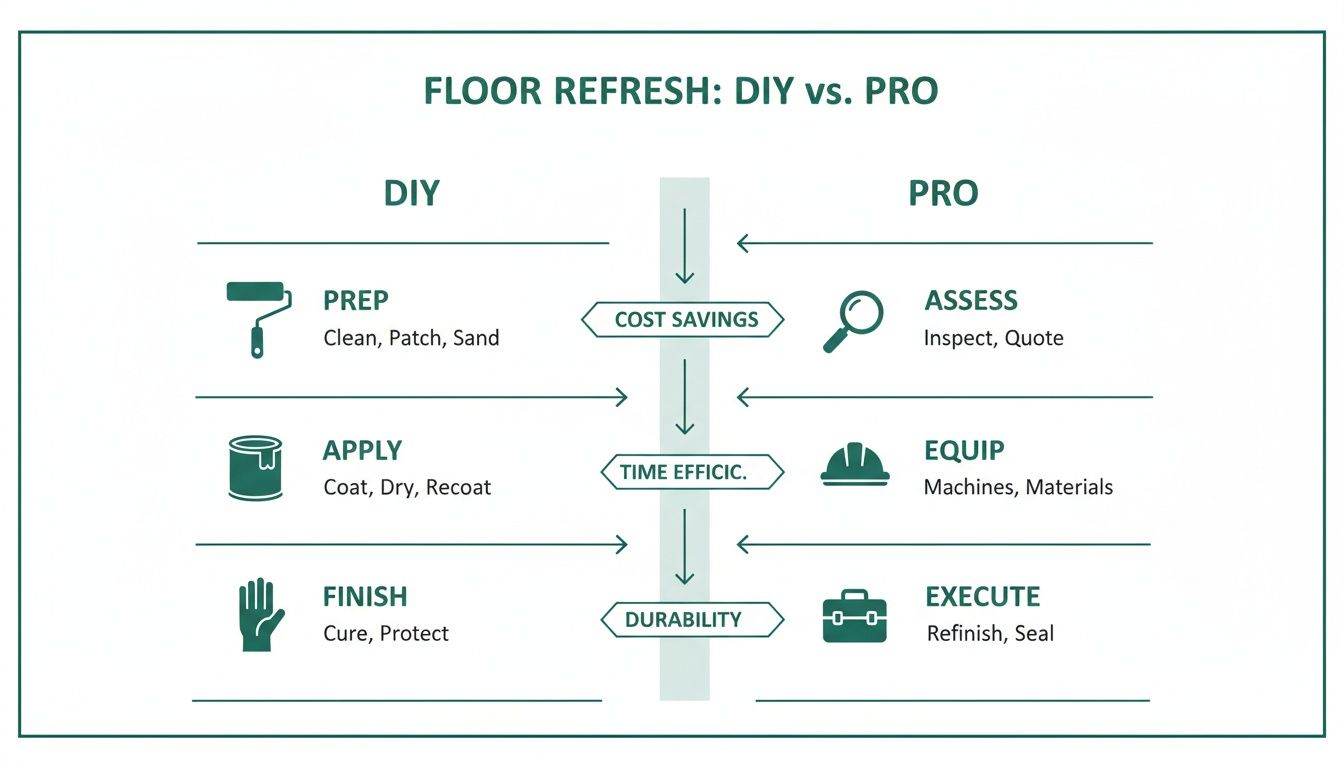 Flowchart comparing DIY versus professional steps for floor refreshing, highlighting cost savings, time efficiency, and durability.