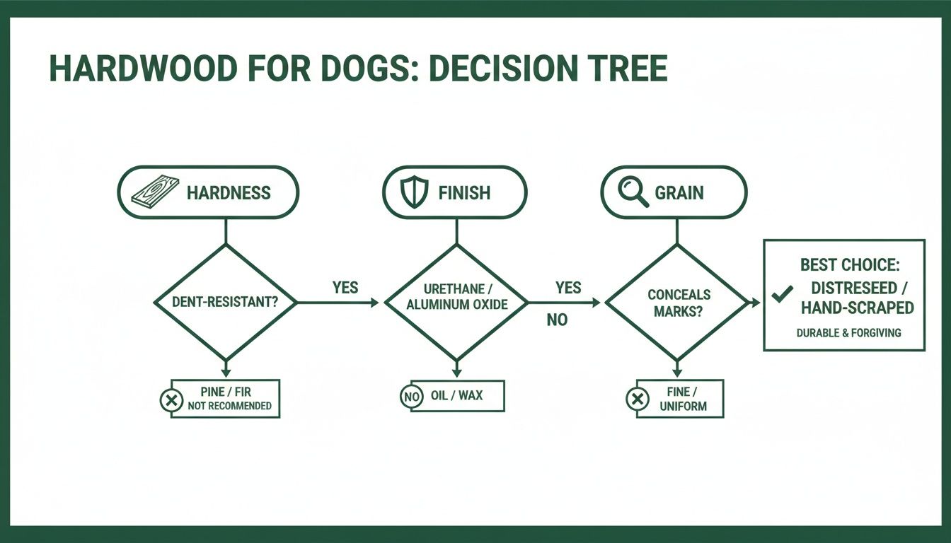 A decision tree flowchart outlining the best hardwood floor choices for dogs based on hardness, finish, and grain.