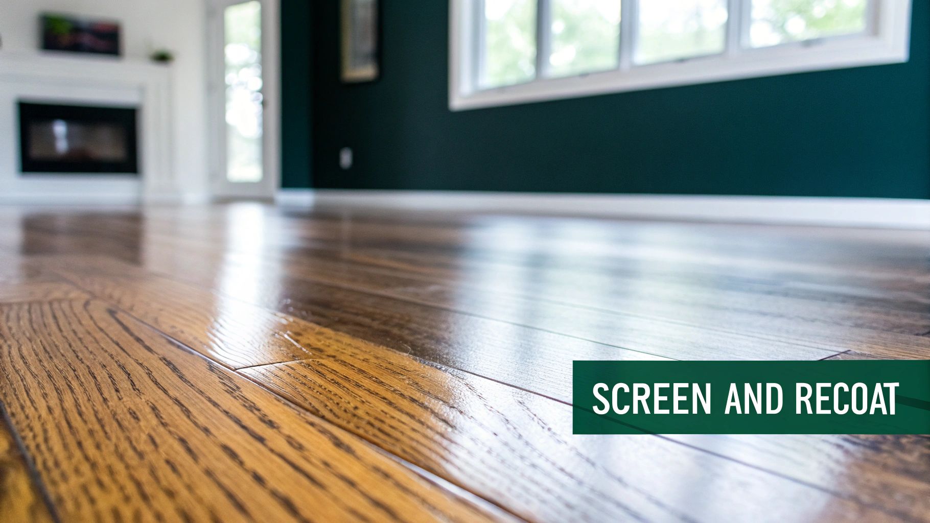 A close-up view of shiny, newly recoated hardwood floors in a modern living room setting.