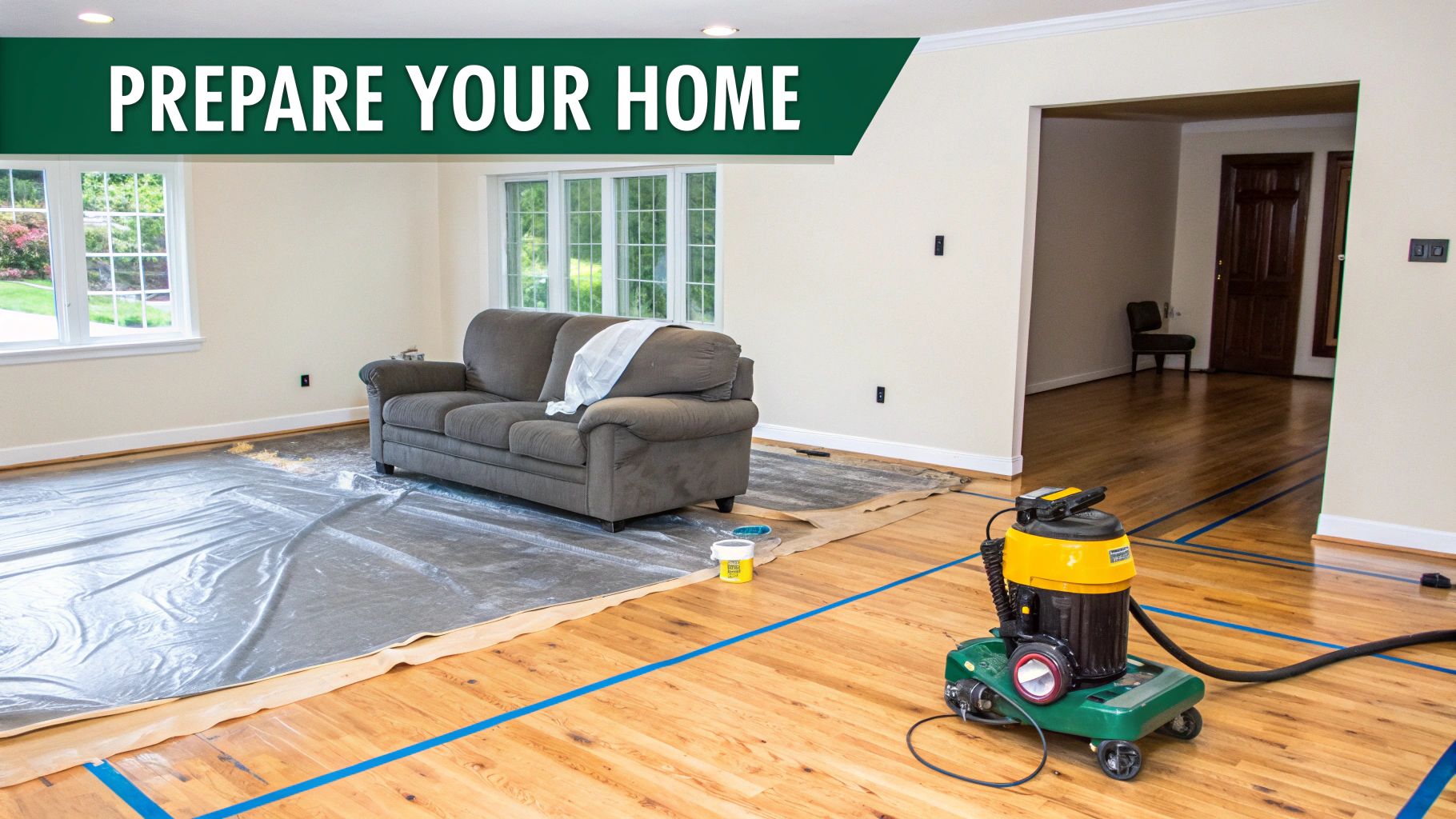 A living room being prepared for floor work with plastic covers, a draped sofa, and a floor sander.