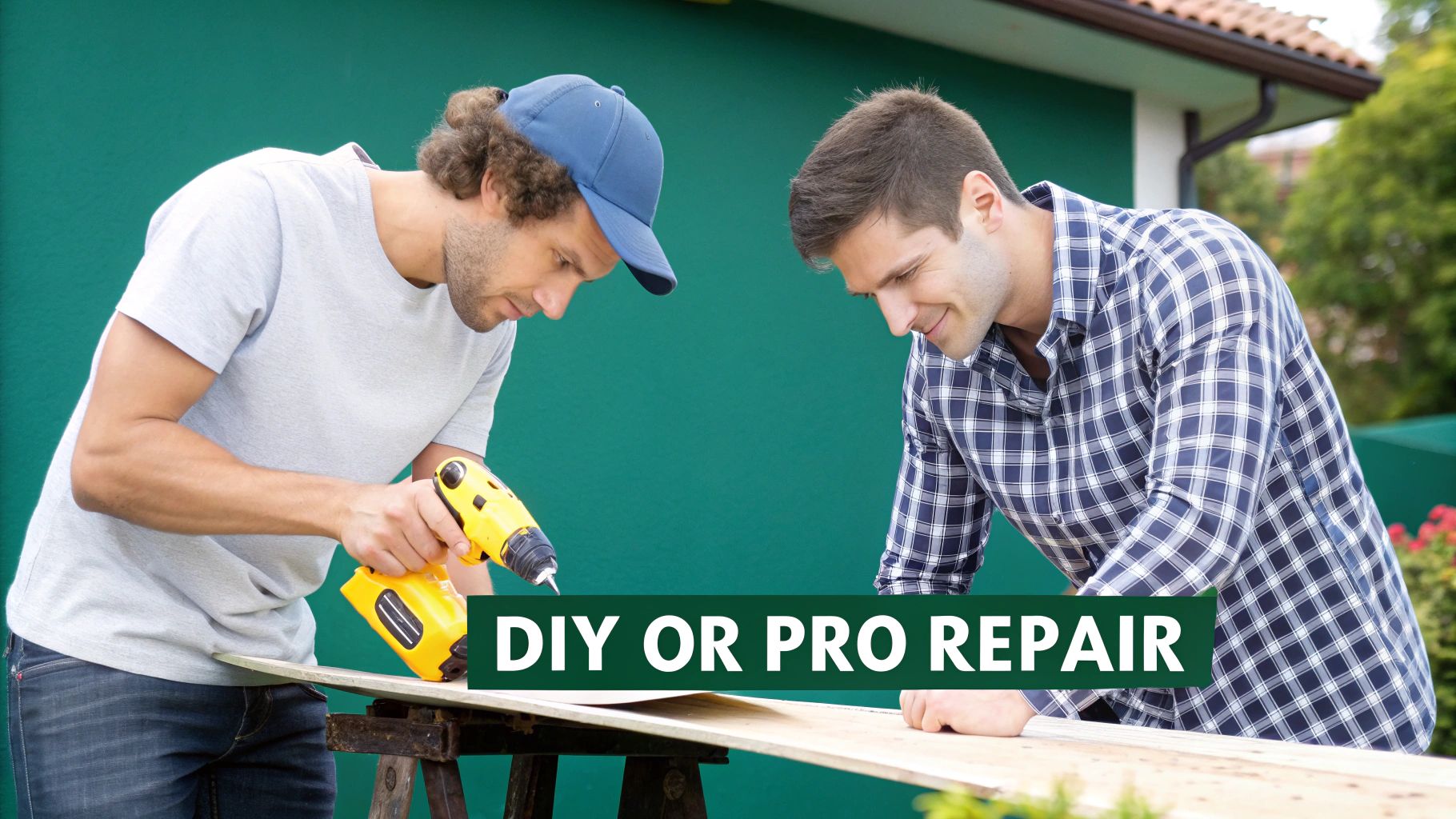 Two men collaboratively working on a wooden board, one drilling while the other watches, with text 'DIY OR PRO REPAIR'.