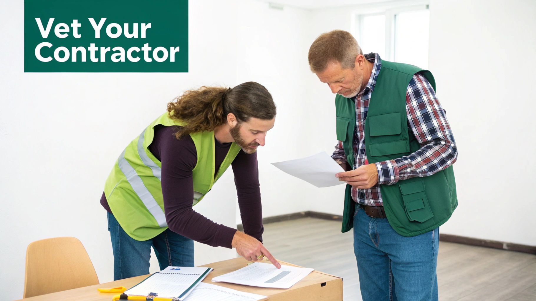 Two contractors in safety vests review documents on a table, discussing renovation plans.
