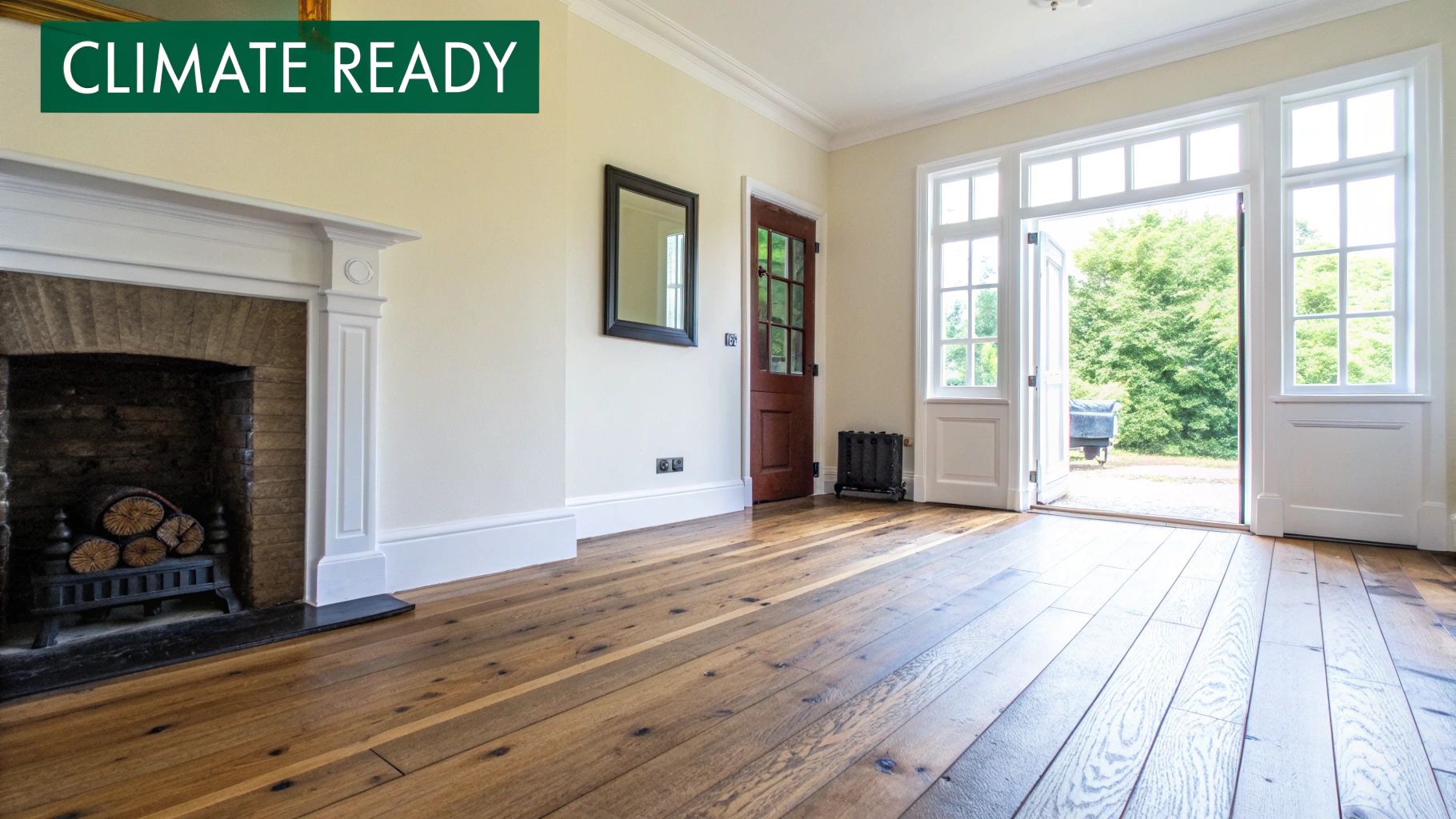 Bright room with elegant wood flooring, a traditional fireplace, and open doors to a lush garden.
